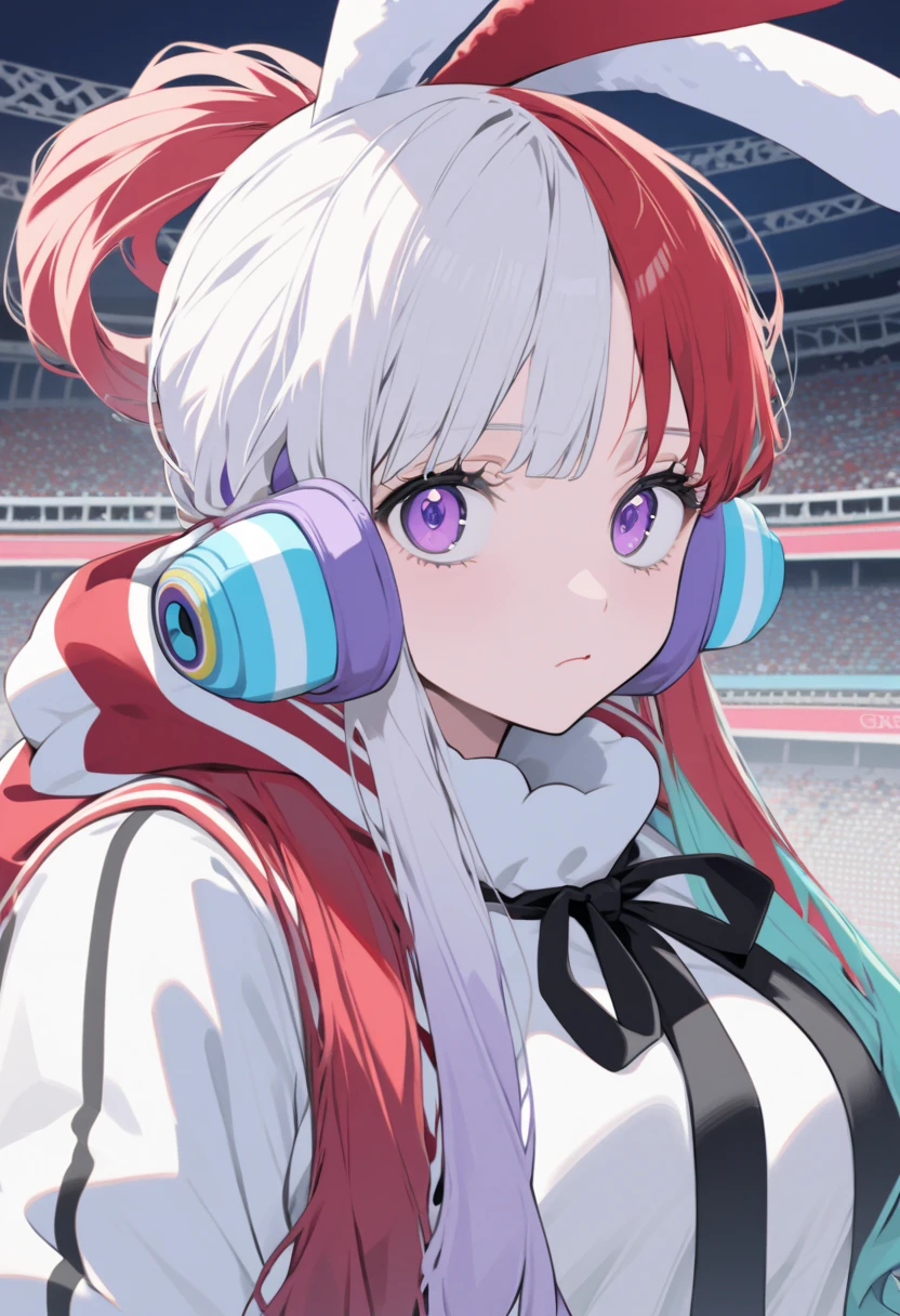 Uta、The hair is a twin color of white and red、 purple eyes、 black ribbon、 White Dress 、Stadium jumper、 bangs that hang on one side、Hairstyle that looks like rabbit ears 、 headphones 