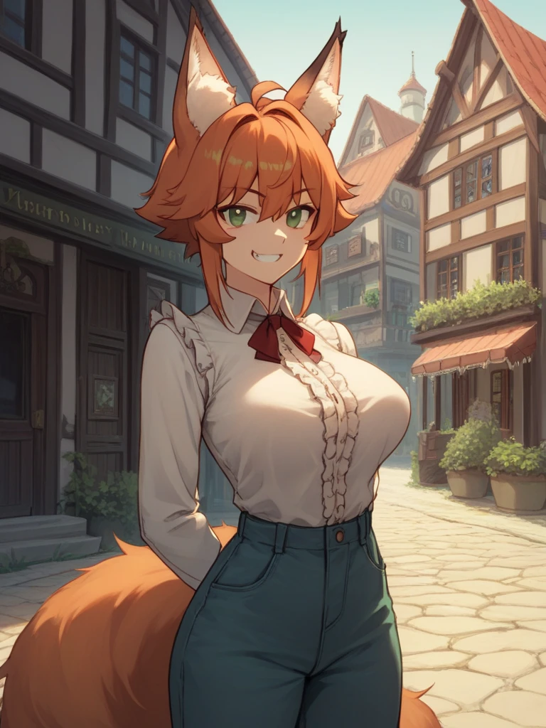 hairy girl,(fox girl:1.5),(best quality,4k,8k,high resolution,masterpiece:1.2), Super detailed,maid outfit, fox-like red hairy girl with short hair, fluffy hair, Shy, beautiful red eyes, wear glasses, very fluffy tail, big breasts, Headband, 17 years old, happy, young body, Good girl, wearing a skirt, street, cute big breasts, blush, longing for love,animal nose,black nose