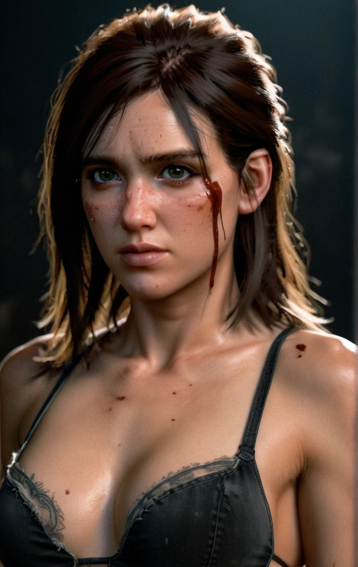 photo of ohxw, ellie, tattoo on left arm, woman, black jeans, close up, , long length hair, face details, low key lighting, blood on her face. Sexy face
Bikini. Sexy pose. 