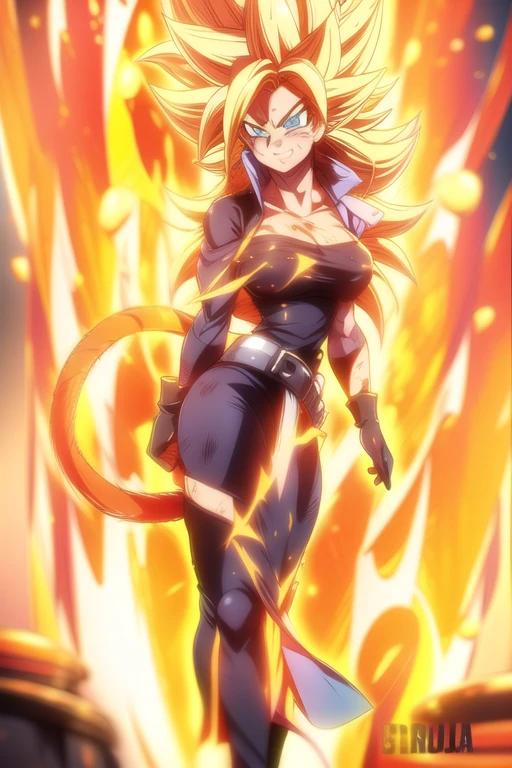Marle Barrock, foto de corpo inteiro, flat feet, corpo reto, fighting position, 1mulher, sozinha, Estilo anime de Dragon Ball, sorriso louco, cabelos espetados, cabelo alto, Diamante gradiente amarelo da cor do cabelo, blonde hair, Estilo SSJ2, super saiyajin, super Sayajin 2, Estilo anime de Dragon Ball, alto detalhe, anime, detalhe todo o corpo, (master part:1.2, best quality:1.2, Beautiful, alta qualidade, Altas:1.1), circunstanciado, 4K extremamente detalhado, olhos perfeitos, rosto perfeito, perfect lighting, (1girl, sozinho, adult female, Mature female), Marle Barrock, msucular, Abs, boob lateral, (pelvis curtain:1.4), cowboy shot, sorriso louco, dentes afiados, seios grandes, (Talbard Preto:1.4), dark skinned female, bandaged arms, pernas enfaixadas, luvas de cotovelo, coxas, Tabard, espiar