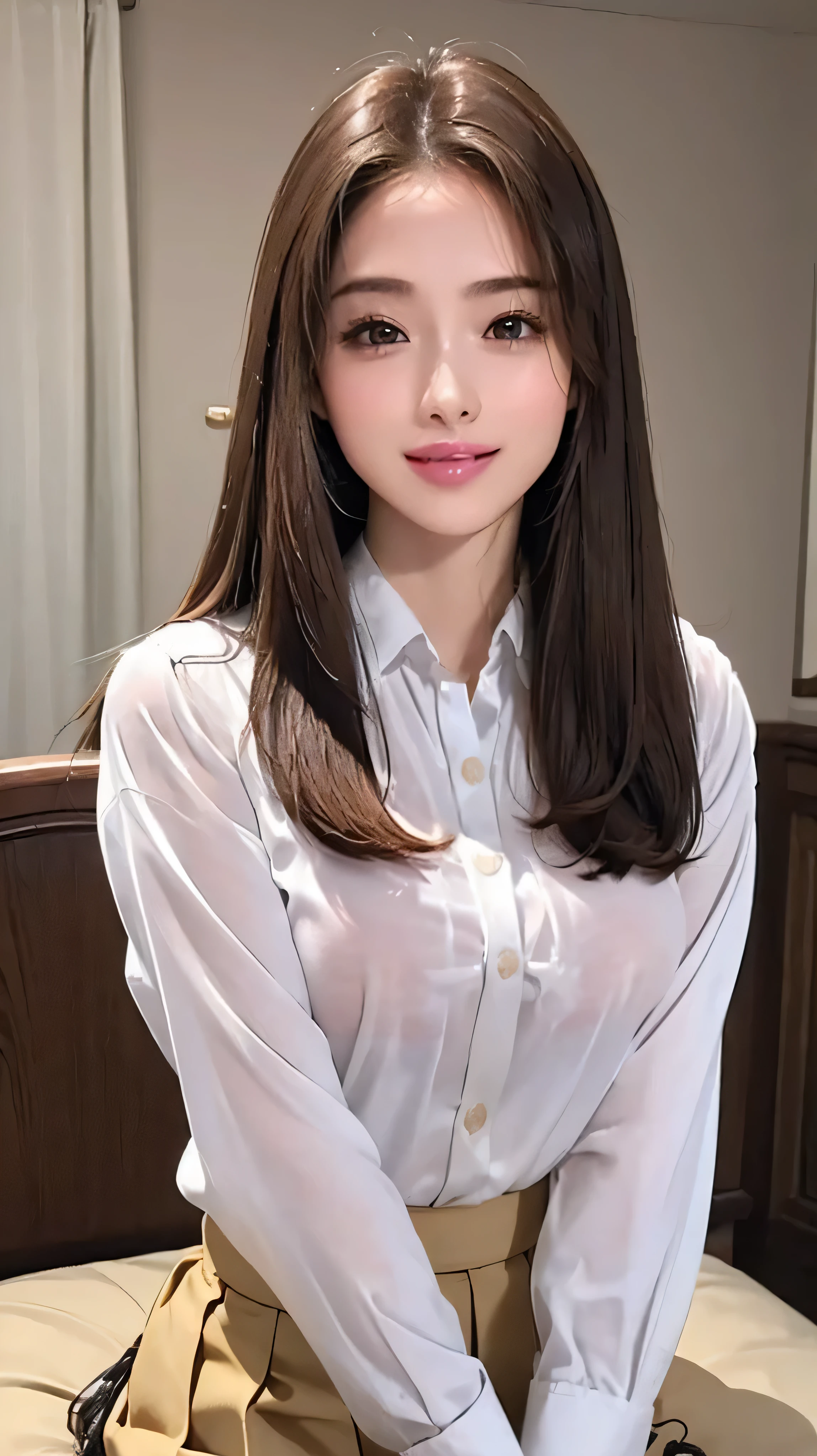 (RAW Photos), (Realistic), (masterpiece), (highest quality), High resolution, 8k, (Intricate details), (Volumetric Light), Portraiture, woman, Age 25, Medium Hair, Straight hair, Layered Hair, Brown Hair, Very beautiful eyes, Source order, Very thin eyebrows, Very fine skin, Very beautiful mouth, Very nice nose, Cute like an idol, Cleavage、smile, (Thick lips), (Looking at the audience), (Collared dress shirt), Above the knee shot,Slender figure、