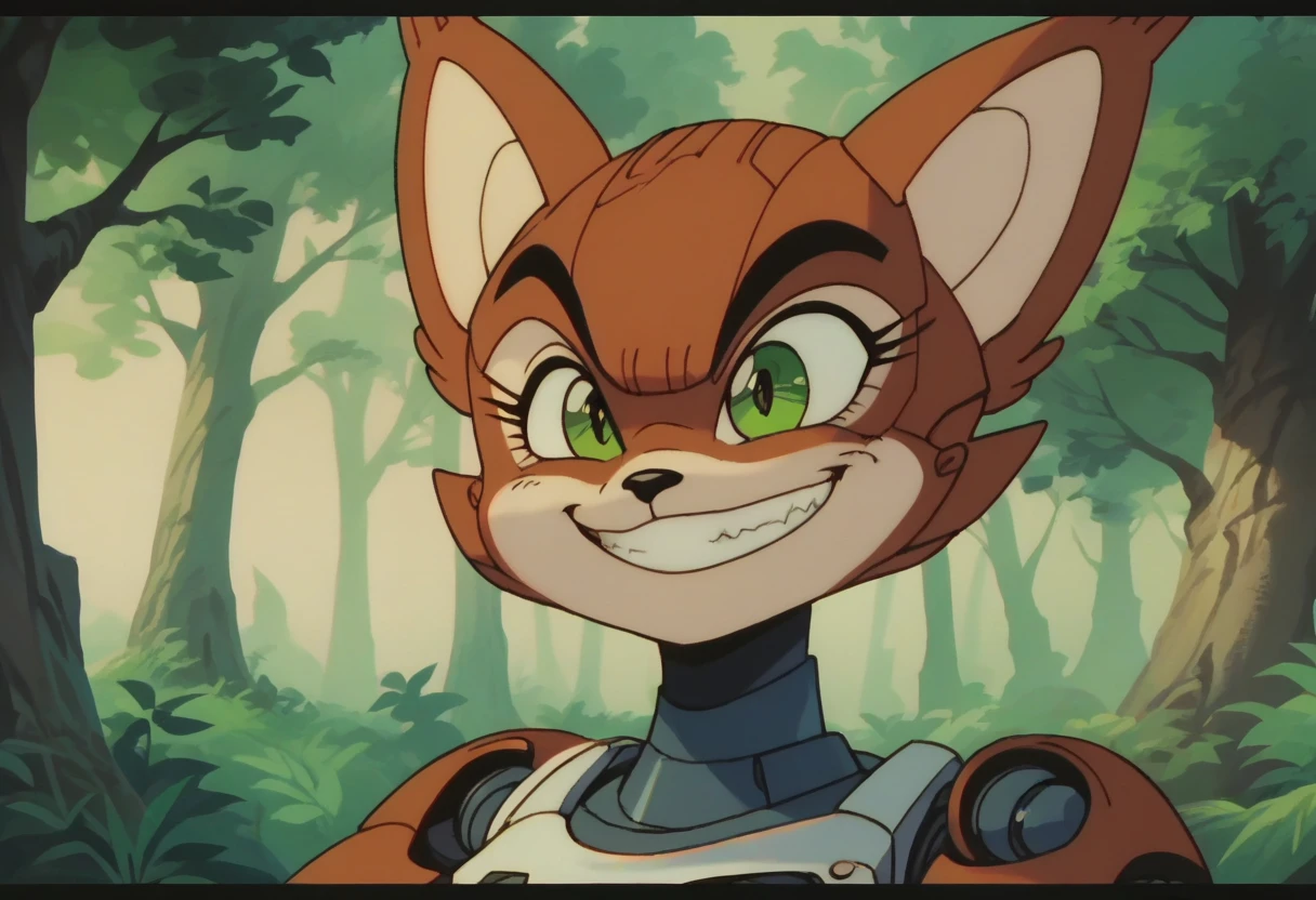 anime screencap,drgbls1, solo, anthro mecha mobian cat female, female,_9, score_8_up, score_7_up, score_6_up, forest, upper mecha body, brown fur, confident grin, expressvie eyes,