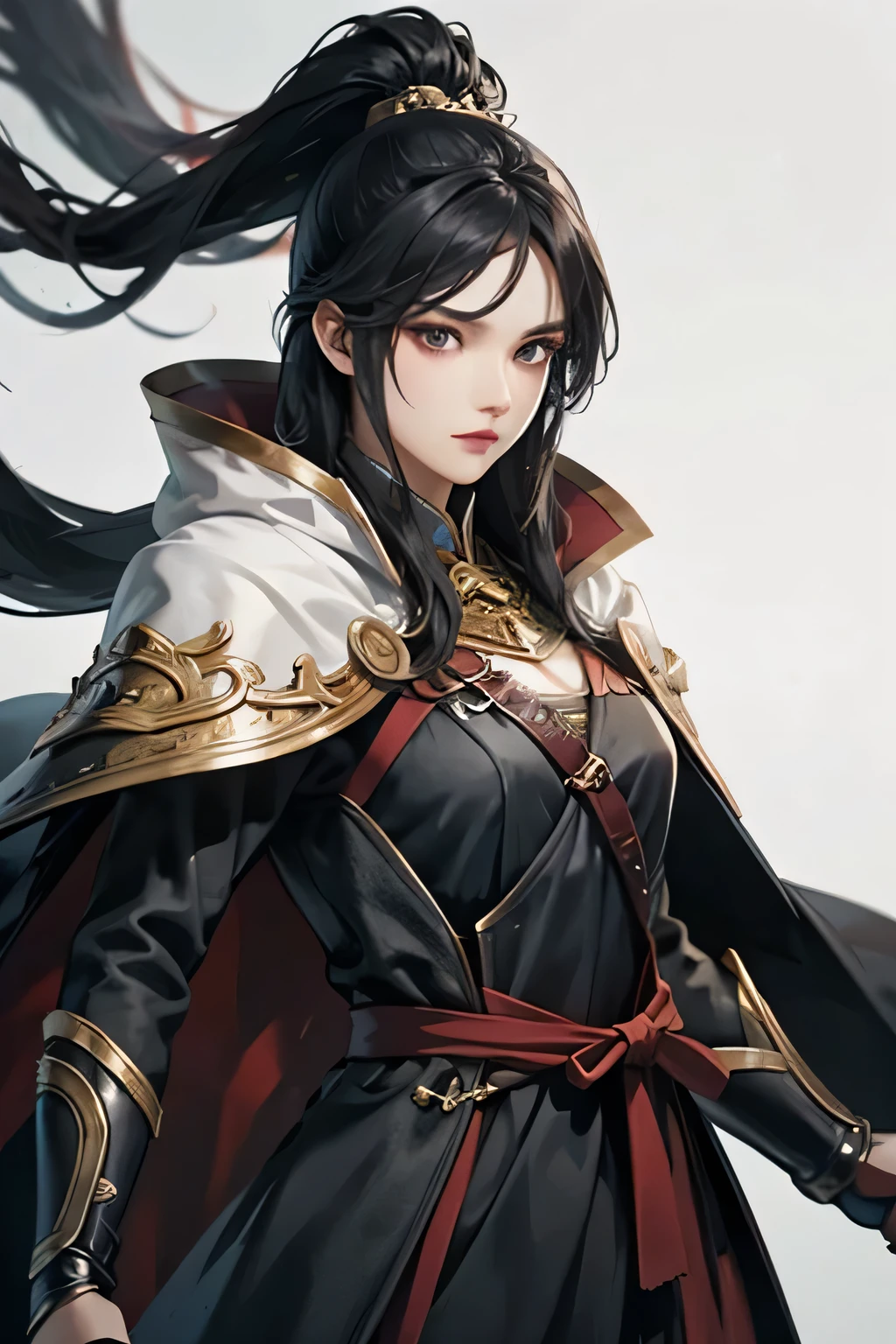 Anime girl with long black hair and a red cape holding a sword - SeaArt AI
