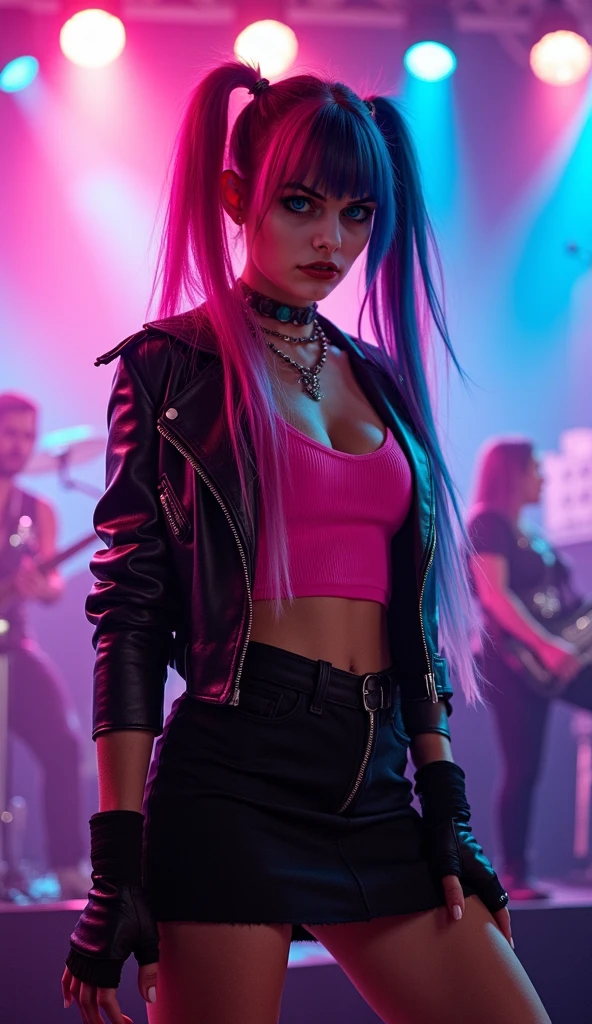 goth, color:spectrum, excited, bright rainbow hair, pale skin, smoky eyes, vivid colors, braless, holding breasts, topless, on stage, punk rock hairstyle, long wavy hair, black lips, cheering, technicolor, singing