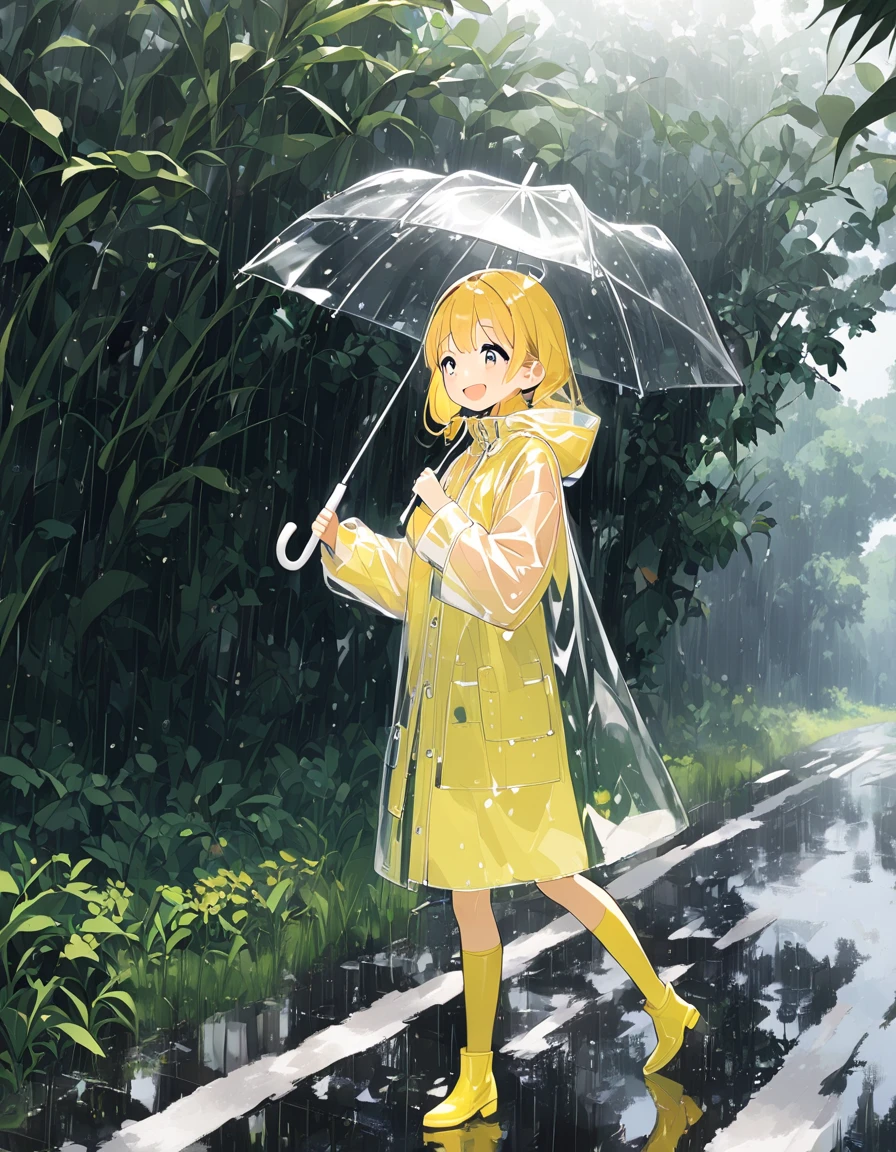 A girl with a happy expression walks, turn around , It's Raining Hard ,Holding a transparent umbrella, transparent raincoat for full nudity,Boots, Countryside Village with an Umbrella in Both Hands ,,,Whole body expression, Dynamic Angle,Glass