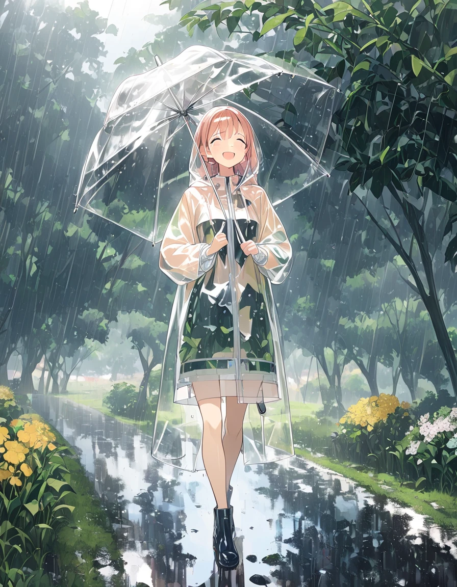 A girl with a happy expression walks, turn around , It's Raining Hard ,Holding a transparent umbrella, transparent raincoat for full nudity,Boots, Countryside Village with an Umbrella in Both Hands ,,,Whole body expression, Dynamic Angle,Glass