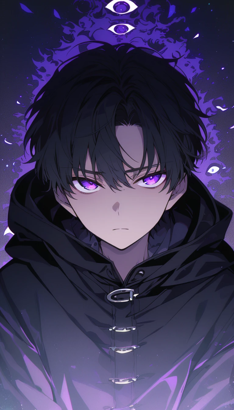  handsome, Alone,1 ager、 facing here、 charming eyes、masterpiece,  best quality,, gaze at me,Purple Eyes、 black hair、 black hood、 No Emotion、 charming eyes、 short hair 、 cool vibe、Outlaw、darkness、Highlights、