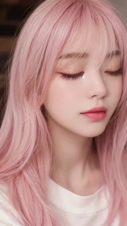 a close up of a person with pink hair and a white shirt, ulzzang, pink straight hair, roseanne park of blackpink, portrait of jossi of blackpink, with pink hair, smooth pink skin, popular south korean makeup, belle delphine, lalisa manoban of blackpink, flowing pink hair, long flowing pink hair, 8k selfie photograph