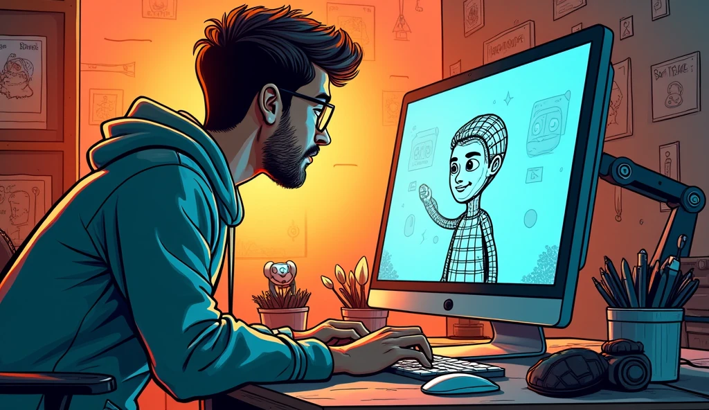 A comic book image of an animator working on an animated character on a computer screen. The character is a wireframe of a friendly customer service representative with control lines and grids.