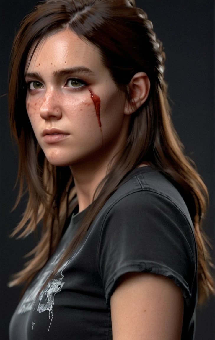 photo of ohxw, ellie, tattoo on left arm, woman, black jeans, close up, , long length hair, face details, low key lighting, blood on her face. Sexy face.Sexy pose. Black t-shirt.