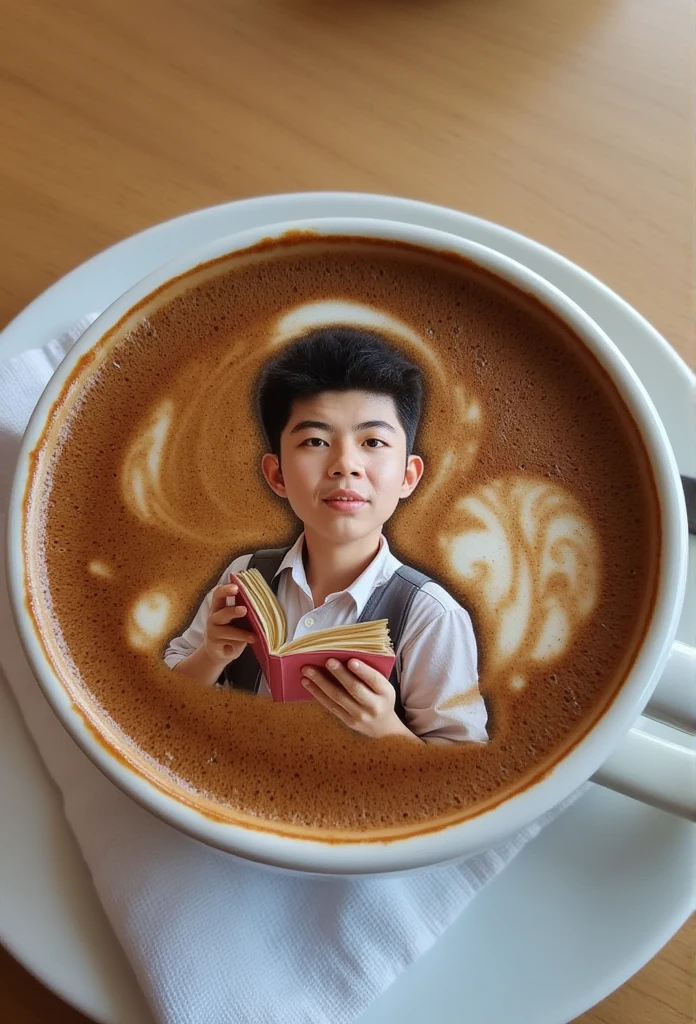 A latte cup with a latte art that looks like a person read a book 3D, as if it's floating above the coffee surface.