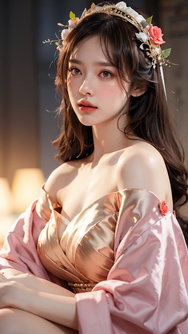  high detail, clear,Fantasy，3d，Anime illustration ， Beautiful Rose Goddess ， Rose Flower Headpiece  ，Bangs, long hair,  forehead pattern ，Big breasts， Wearing Rose Dress，Bright， gold stripe design ， Drop Shoulder ， Textured Skin , 8k Octagonal Rendering, 