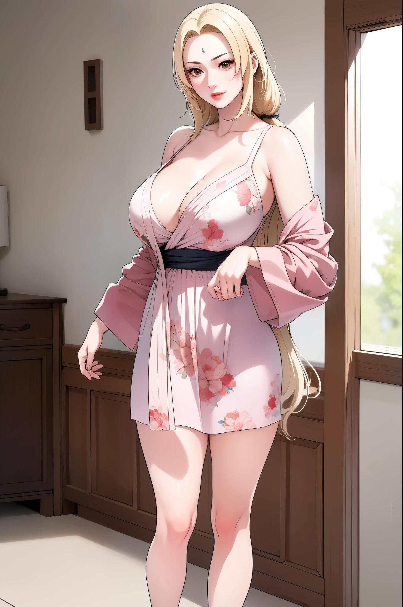 Tsunade Senju, wearing a long feet-length pink floral dress with spaghetti straps and a v-neckline, and over it she wore a white cardigan in an off-shoulder style, cute kind smile, extremely fair white skin, an extremely beautiful face, busty yet thin body, standing straight. Living room in the background, show her full body from head to feet.