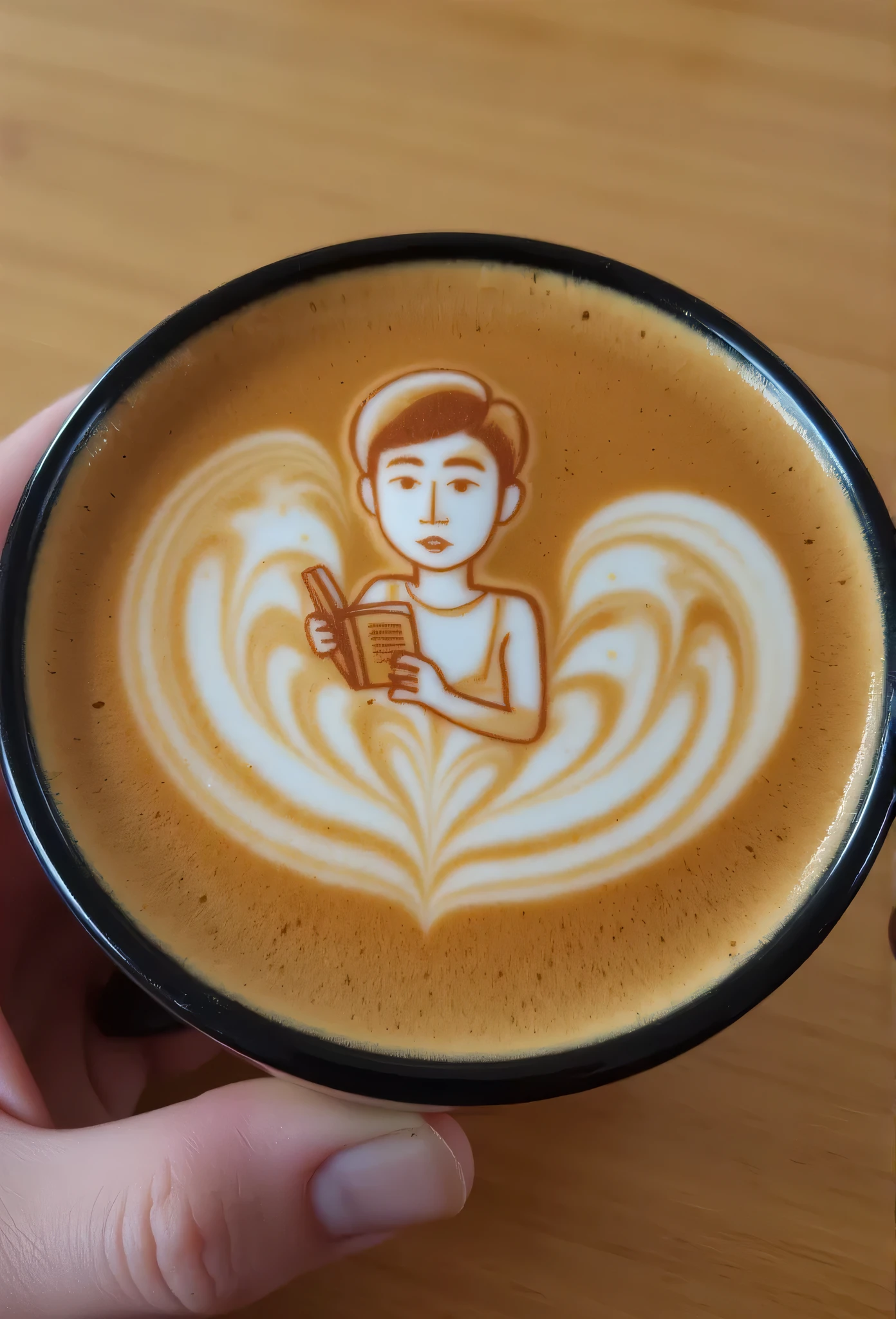 A latte cup with a latte art that looks like a person read a book 3D, as if it's floating above the coffee surface.