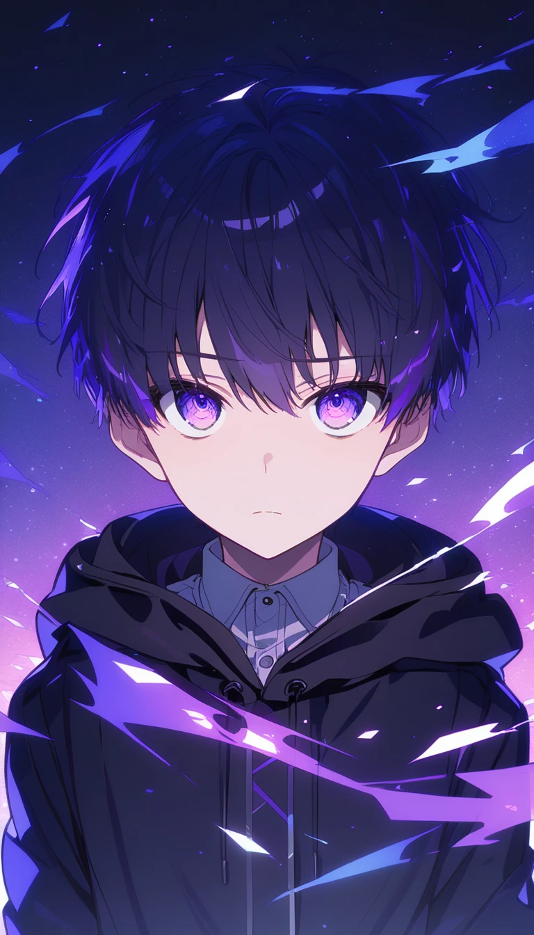  handsome, Alone,1 teenager、 facing here、 charming eyes、masterpiece,  best quality,, gaze at me,Purple Eyes、 black hair、 black hood、 No Emotion、 charming eyes、 short hair 、 cool vibe、night、From the waist up、Purple hair tips、 black light