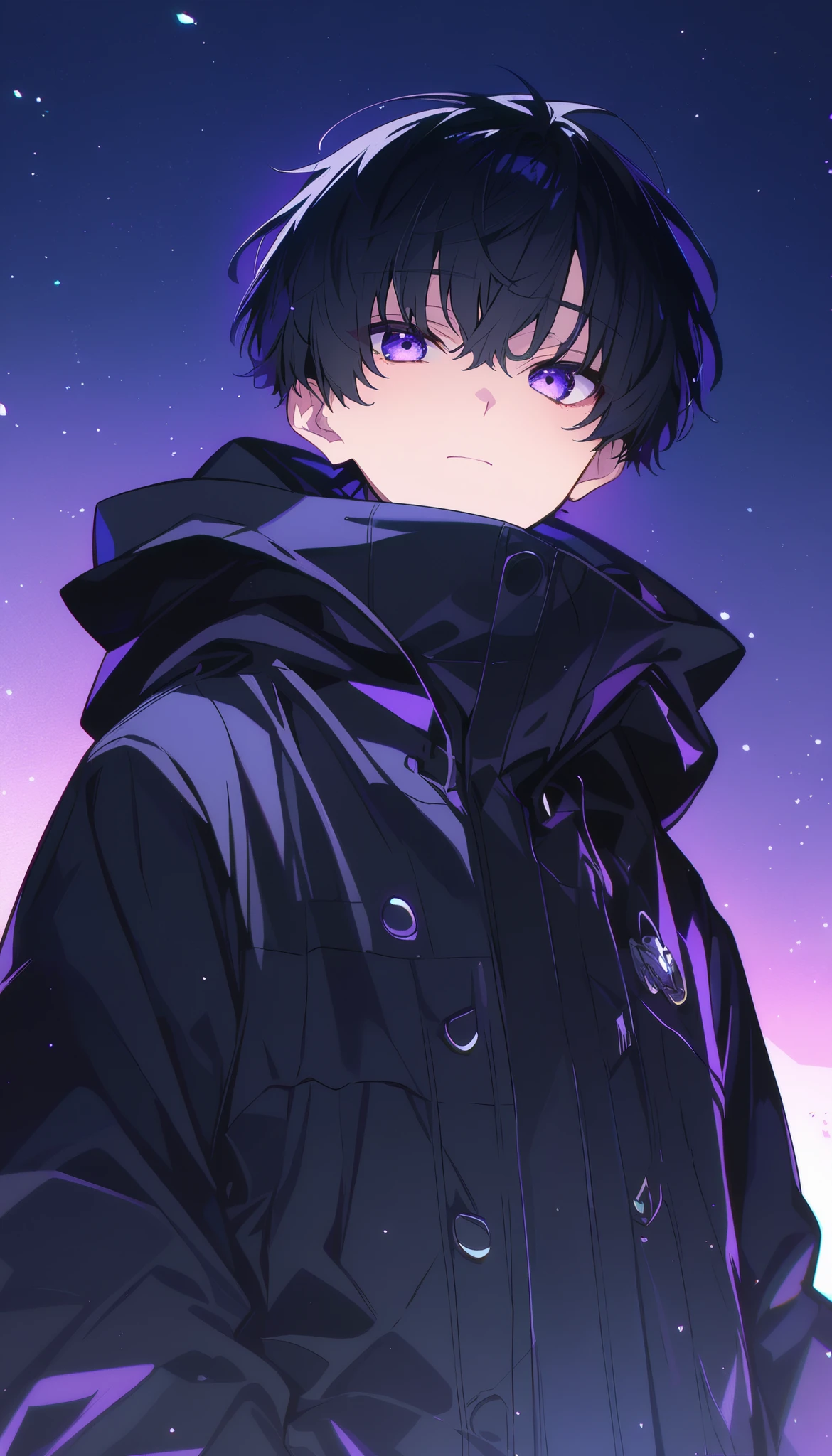  handsome, Alone,1 teenager、 facing here、 charming eyes、masterpiece,  best quality,, gaze at me,Purple Eyes、 black hair、 black hood、 No Emotion、 charming eyes、 short hair 、 cool vibe。From the waist up、