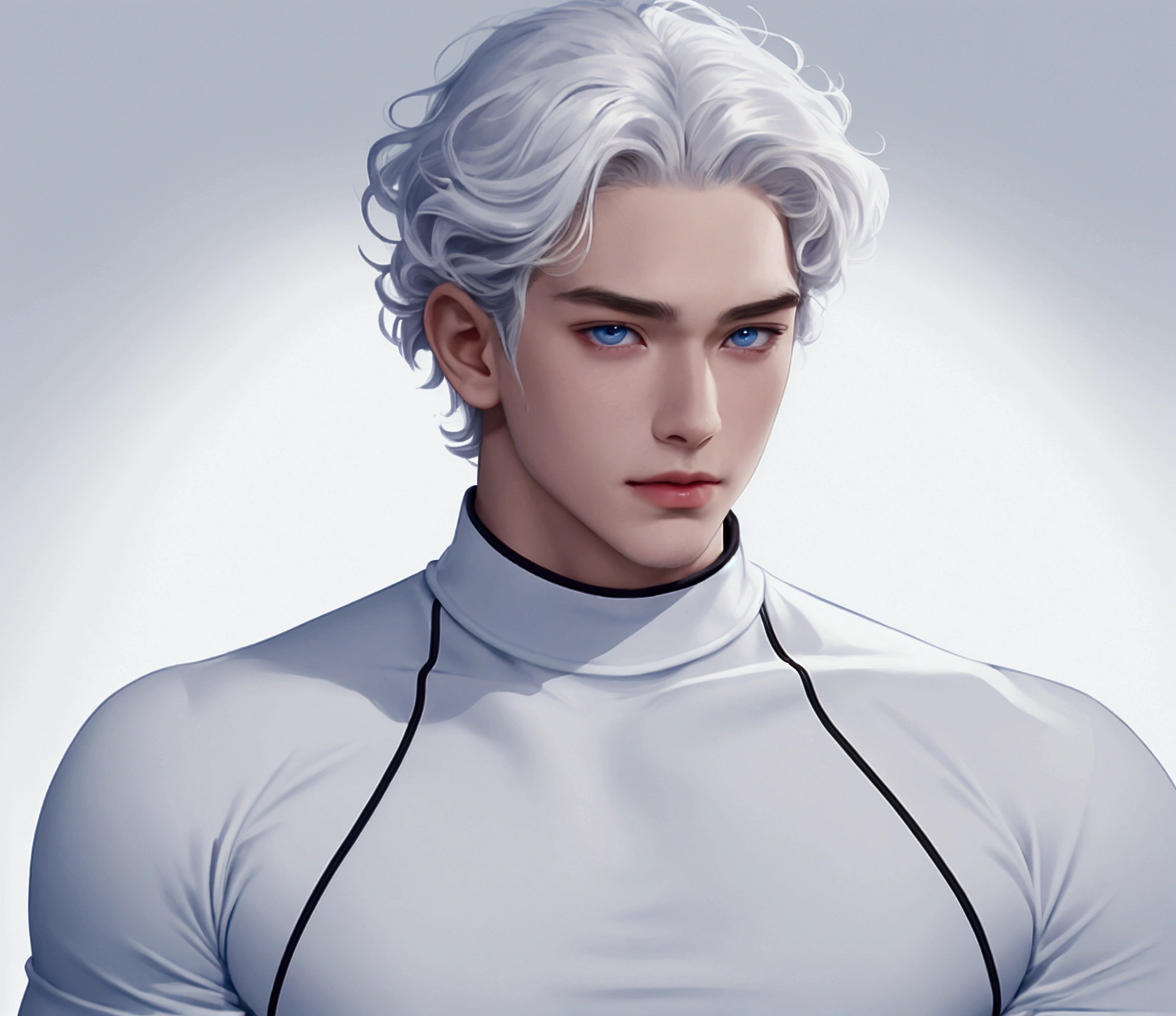 Full body photorealistic 4k, high resolution, best quality, masterpiece, perfect color, perfect shade, perfect lighting, Posted by e621, ((portrait)), ((handsome man)), perfect male figure, Short hair details,chest muscles,abdominal muscles,wearing white and silver tight fit latex spandex and gloves,Detailed face, perfect face, (stood up), Detailed background, ((Bonifasco Lighting)), (delicate eyes),),white hair