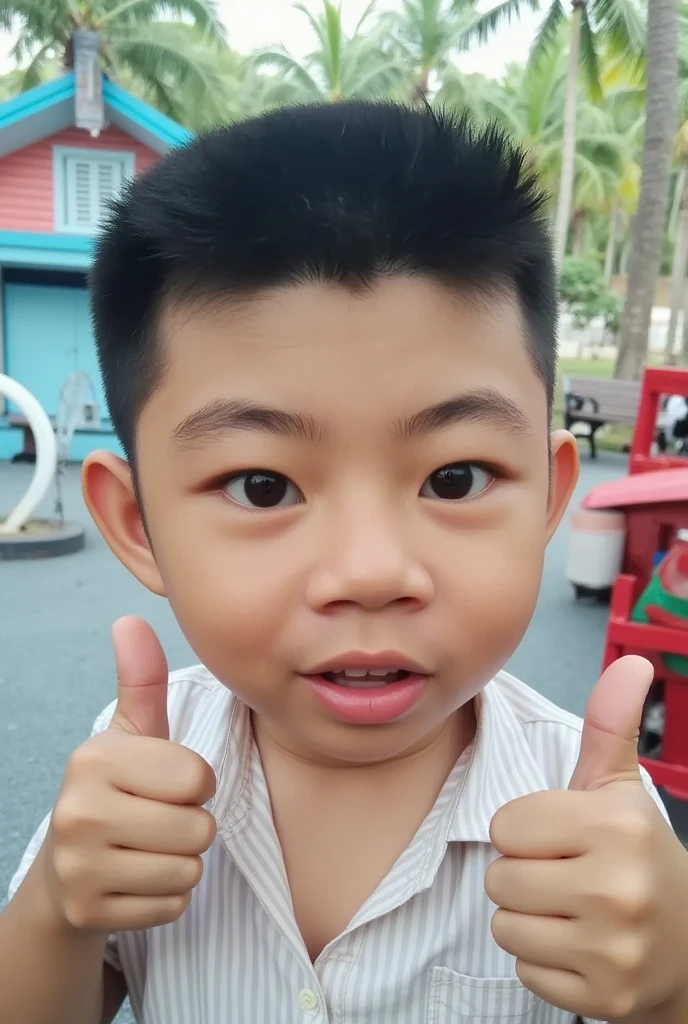 there is a boy who is smiling and wearing a blue shirt, menino com rosto neutro, cara perfeita e menino, cleft chin, imagem do rosto, Noticeable tear on cheek, rosto suado, detailed face of a asian boy, cara de menino, olhos de exotropia, Face is brightly lit, marcas no rosto, rosto manchado, sardas no rosto
