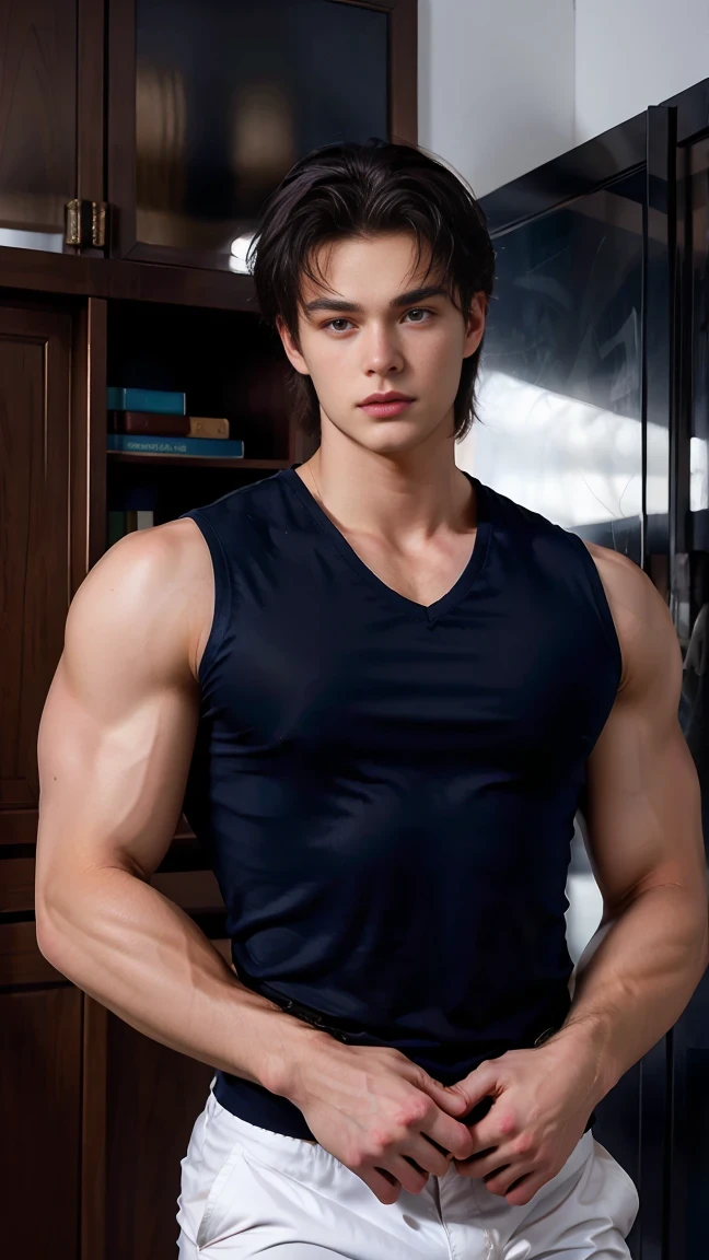 shirtless sweat-drenched 23-year old short black hair caucasian male wearing tattered jeans, sweat-drenched