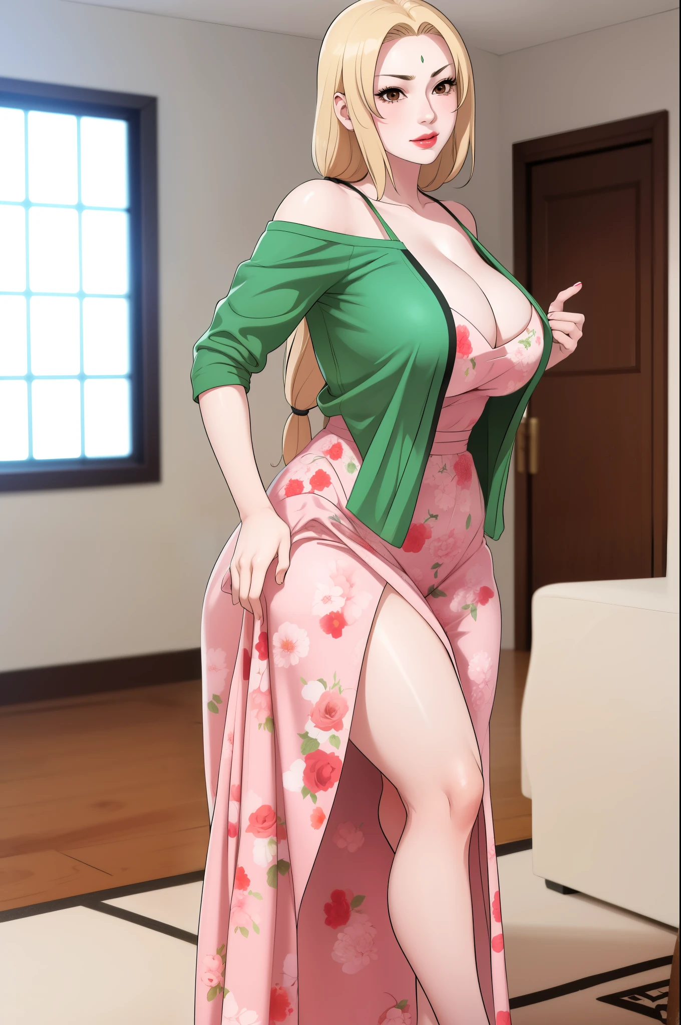 Tsunade Senju, wearing a long pink floral dress with spaghetti straps and a v-neckline, and over it she wore a white cardigan in an off-shoulder style, a cute kind smile expression, extremely fair white skin, an extremely beautiful face, busty yet thin body, standing straight. Living room in the background, show her full body from head to feet.