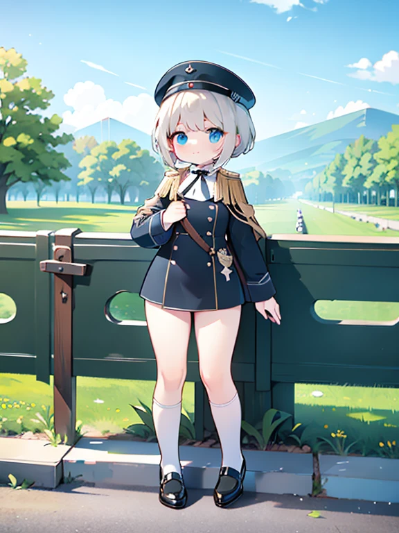  attire, SS,  German soldier from World War II, SS officer , Nahida, change, ,  flat chest , fullbody,  thick thighs , standing, outdoor, cute girl, cute change, 