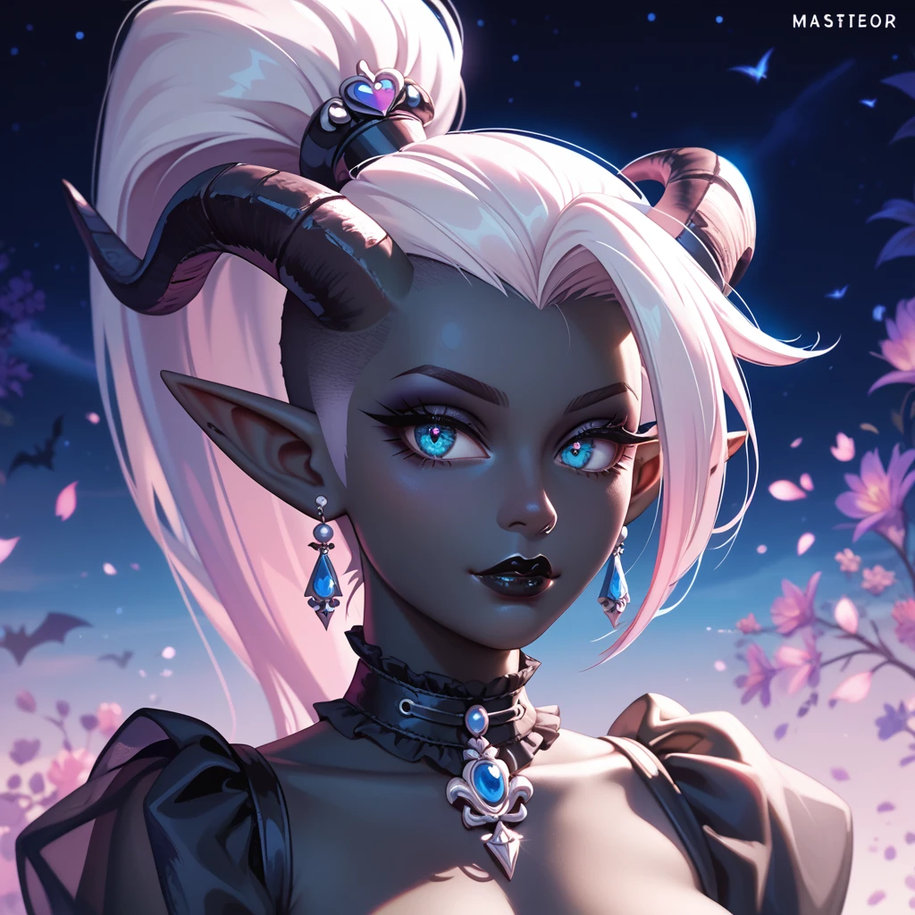 score_9, score_8_up, score_7_up, ((Masterpiece)), ((highres)), ((1person, 1girl, 1female)), Random poses, beautifully detailed succubus girl, ((white mohawk w/ponytail)), defined elf ears with ear guages, defined eyes, pastel iris, long eye lashes, defined nose, black lipstick, curvy, lace, (((Black skin))), black demon horns, breasts, night sky, pastel gothic style, gothic style art, gothic asthetic, (((gothic dark pattern background))), bust shot,
