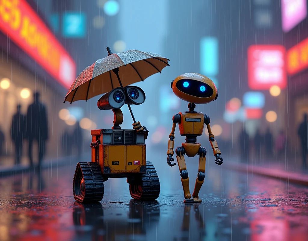 Anime style, full body. WALL-E and EVE strolling in the rain. The rain is gently falling, and WALL-E holds an umbrella while EVE walks beside him. The background is a city street with colorful neon lights reflecting on the wet pavement.