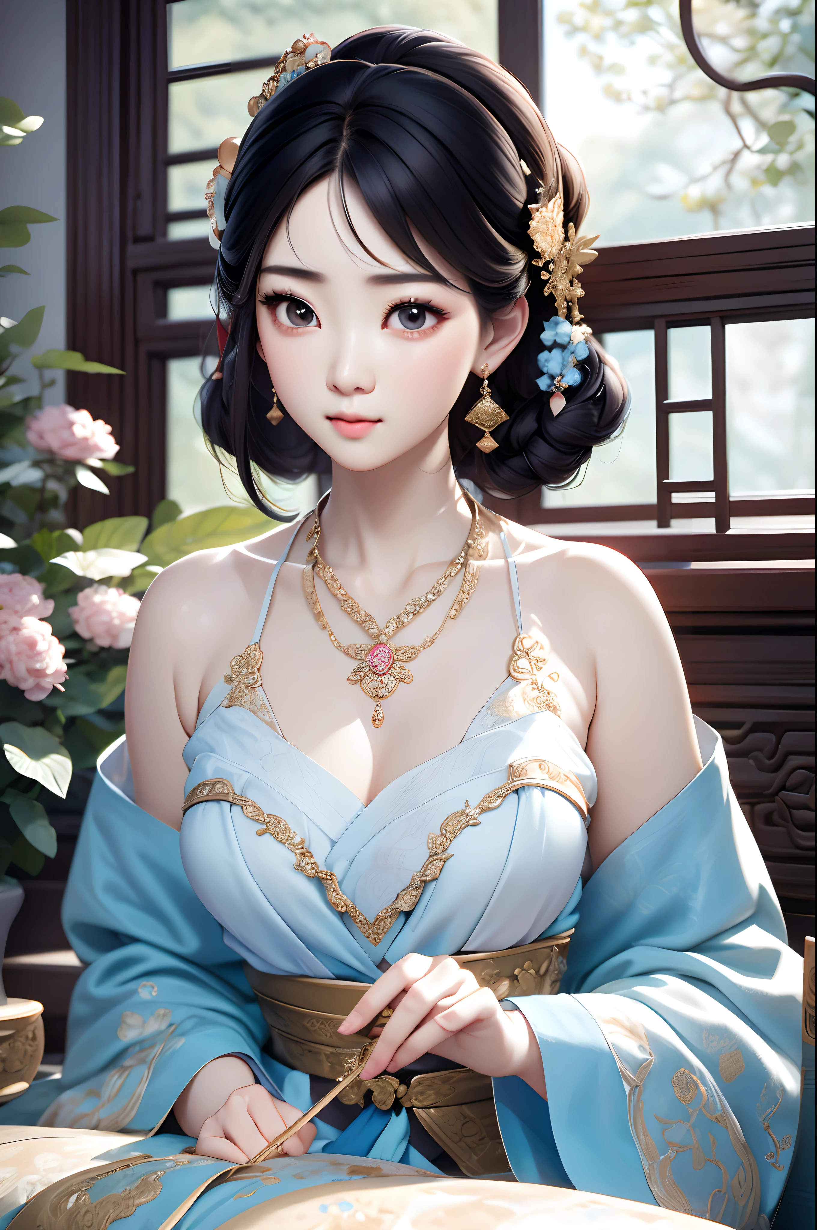 Close-up of a woman wearing a light blue slip dress necklace, Chinese style, Chinese girl, Beautiful character painting, Guviz-style artwork, Palace ， A girl in Hanfu, Beautiful rendering of the Tang Dynasty, Realistic anime 3 D style, trending on cgstation, 8K high quality detailed art, Princesa chinesa antiga, Chinese woman, Guviz