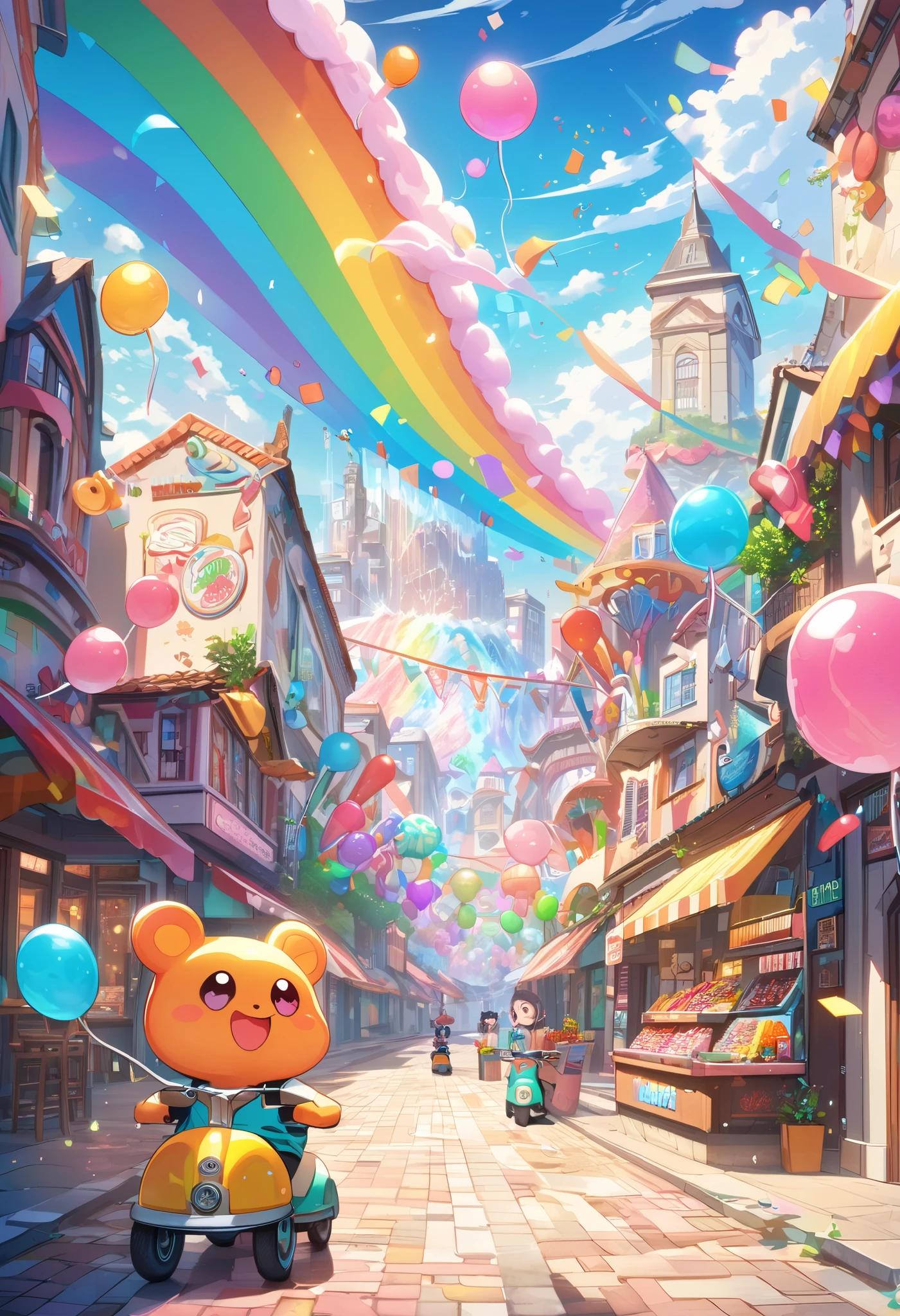 masterpiece, best quality, 8k, highres, ultra-detailed, HDR, UHD, ultra-fine painting, bubblegum pop style, vibrant candy-themed town, streets made of colorful gumdrops, buildings shaped like lollipops and chocolate bars, pop art skies with floating cotton candy clouds, dynamic and cheerful atmosphere, glowing neon signs shaped like candies, giant ice cream cones as street lamps, chibi characters riding gummy bear scooters, fountains flowing with soda, playful and energetic scene, sparkling confetti in the air, vibrant rainbow colors throughout, whimsical and delightful composition, fun and lighthearted mood,