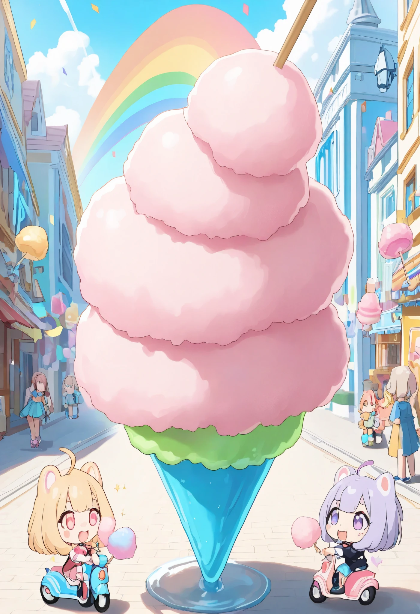 masterpiece, best quality, 8k, highres, ultra-detailed, HDR, UHD, ultra-fine painting, bubblegum pop style, vibrant candy-themed town, streets made of colorful gumdrops, buildings shaped like lollipops and chocolate bars, pop art skies with floating cotton candy clouds, dynamic and cheerful atmosphere, glowing neon signs shaped like candies, giant ice cream cones as street lamps, chibi characters riding gummy bear scooters, fountains flowing with soda, playful and energetic scene, sparkling confetti in the air, vibrant rainbow colors throughout, whimsical and delightful composition, fun and lighthearted mood,