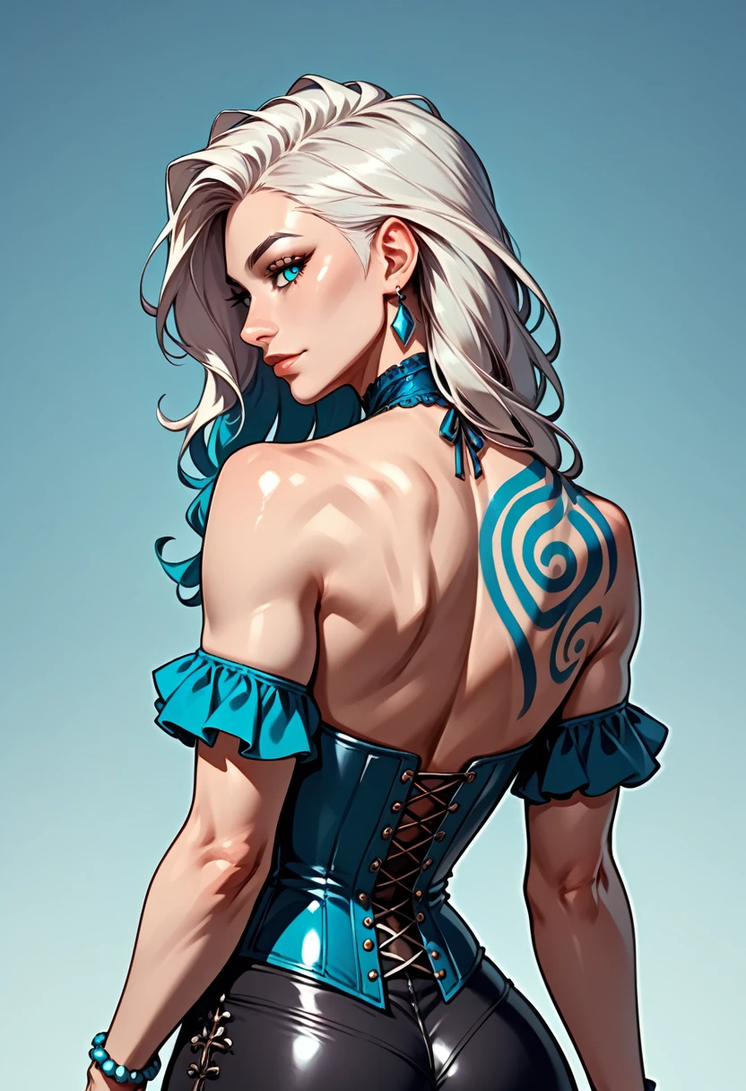 beautiful, (linework:1.1), 1 girl, adult woman, turquoise eyes, white lob hair, (long hair:1.1), , solo, (simple background, blue color palette:1.2), color gradient, shiny skin, sexy, (punk theme:1.0), upper body, from back, back view, turning around, dynamic pose, gray clothes, corset pants, offshoulder, frills, , embroidery, leather material,, bracelet, , body markings,

