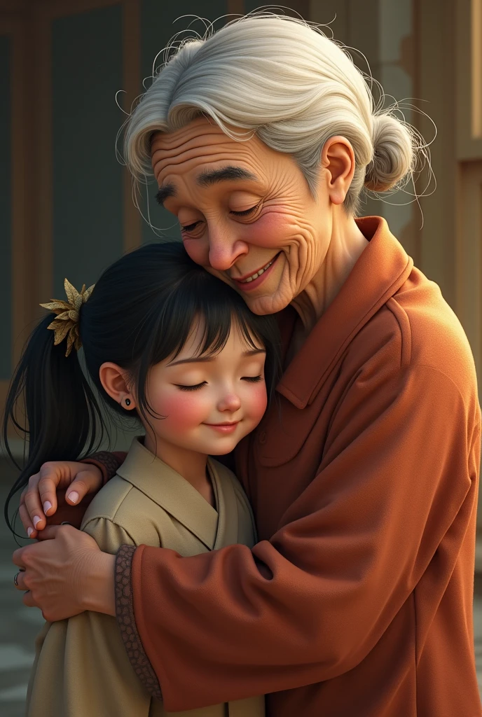A modern Japanese grandmother with a face full of love, cradling a crying child in her arms while sitting on the floor as their home burns.