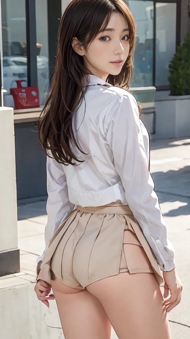 nsfw, walking, wavy hair, (Brown business suit, brown mini skirt), (white underwear:1.0), stairs, cowboy shot, back shot, (ground-level shot, from below:1.2)