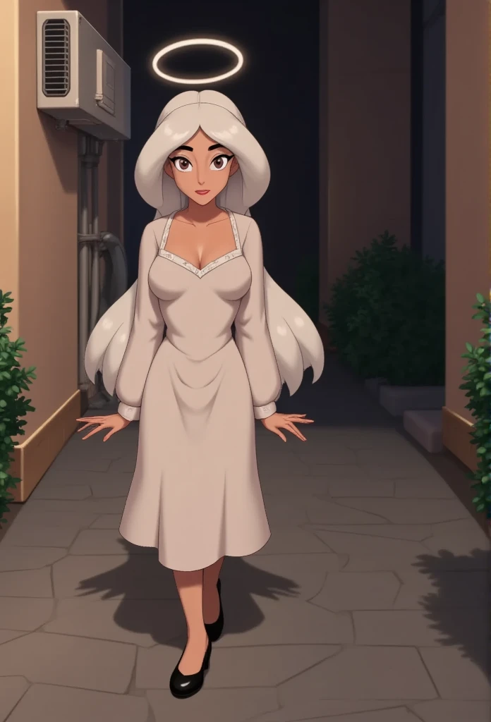 ((masterpiece, best quality)),a girl, solo, dress, standing, halo, alley, outdoors, bangs, white dress, white hair, long hair, black footwear, industrial pipe, looking at viewer, air conditioner,dark lighting, garbage, garbage bin, hxh2011 