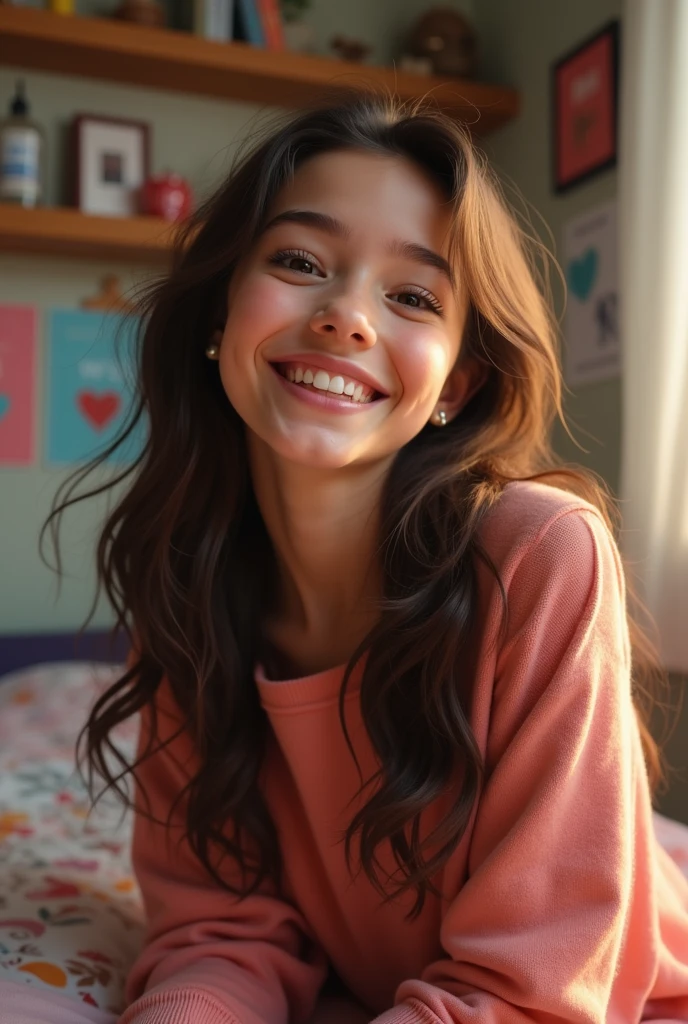 ​masterpiece, top-quality、Raw foto, Photorealsitic、20yr old、childs room、great laughter、Semi-long hair、unbelievable Ridiculous、depth of fields, hight resolution, ultra-detailliert, foco nítido, Cinematic lighting