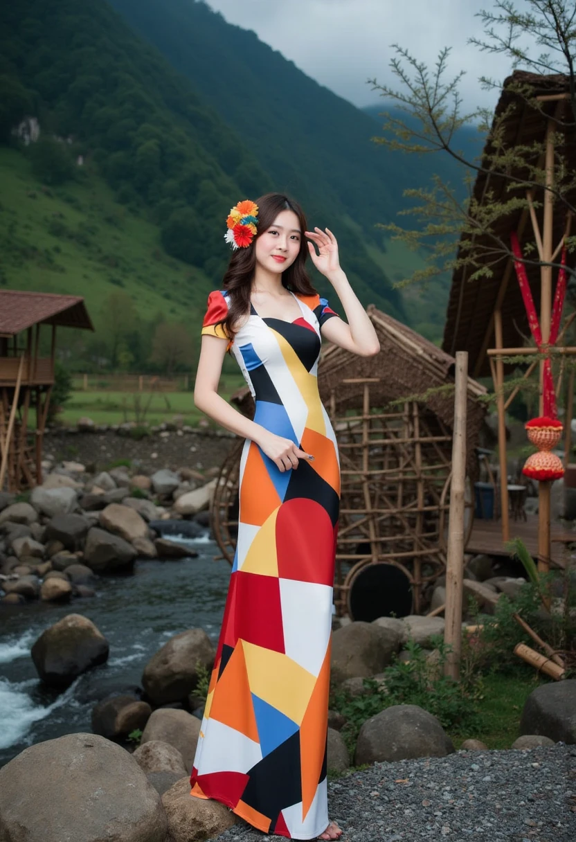 A stylishly dressed young woman stands gracefully in front of a dimly lit winter street. She is wearing a colorful maxi mini dress with a geometric pattern and a bright flower accessory in her hair. The contrast between the woman's elegant pose and the colorful modern outfit creates an attractive contrast posing outdoors near a peaceful river with a wooden waterwheel and a backdrop of lush green hills. The backdrop is alive with natural beauty, including bamboo structures and red decorations on nearby trees, giving the scene a lively and cultural atmosphere
