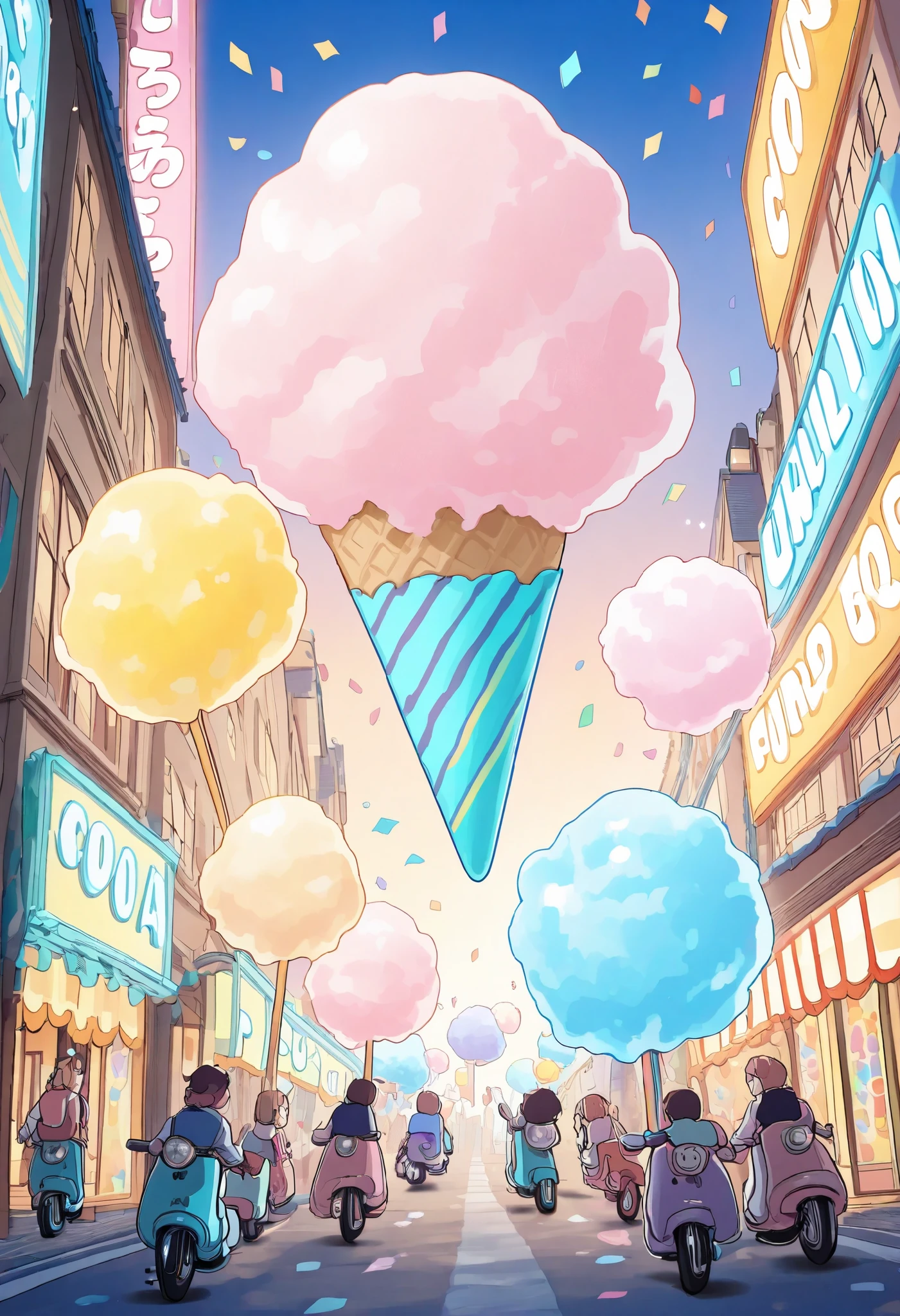 masterpiece, best quality, 8k, highres, ultra-detailed, HDR, UHD, ultra-fine painting, bubblegum pop style, vibrant candy-themed town, streets made of colorful gumdrops, buildings shaped like lollipops and chocolate bars, pop art skies with floating cotton candy clouds, dynamic and cheerful atmosphere, glowing neon signs shaped like candies, giant ice cream cones as street lamps, chibi characters riding gummy bear scooters, fountains flowing with soda, playful and energetic scene, sparkling confetti in the air, vibrant rainbow colors throughout, whimsical and delightful composition, fun and lighthearted mood,