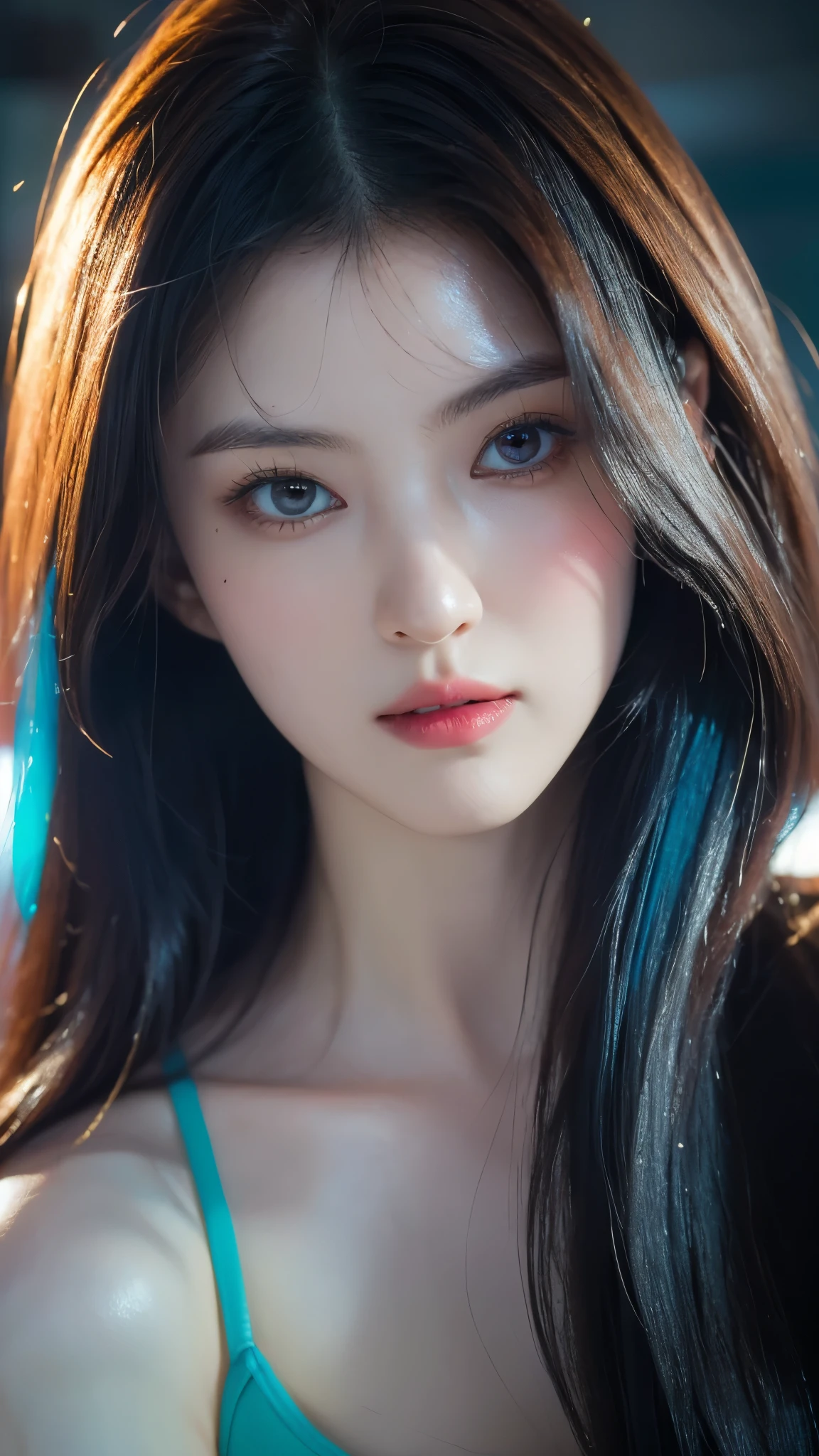 (masterpiece, highest quality, highest quality, Official Art, beautifully, aesthetic:1.2), Portrait Photography, (Cyberpunk beautiful girl 1 person), Big iridescent eyes, Beautiful skin, (Pink and blue long hair with bangs), Very detailed, (Neon colored fractal art:1.3), Perfect lighting, Sharp focus, High resolution, High resolution, High color rendering, High resolution, Super realistic,