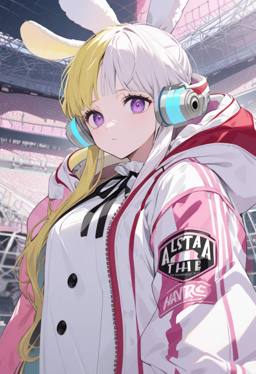 Uta、The hair is a twin color of white and red、 purple eyes、 black ribbon、 White Dress 、pink and white stadium jacket、 bangs that hang on one side、Hairstyle that looks like rabbit ears 、 headphones 