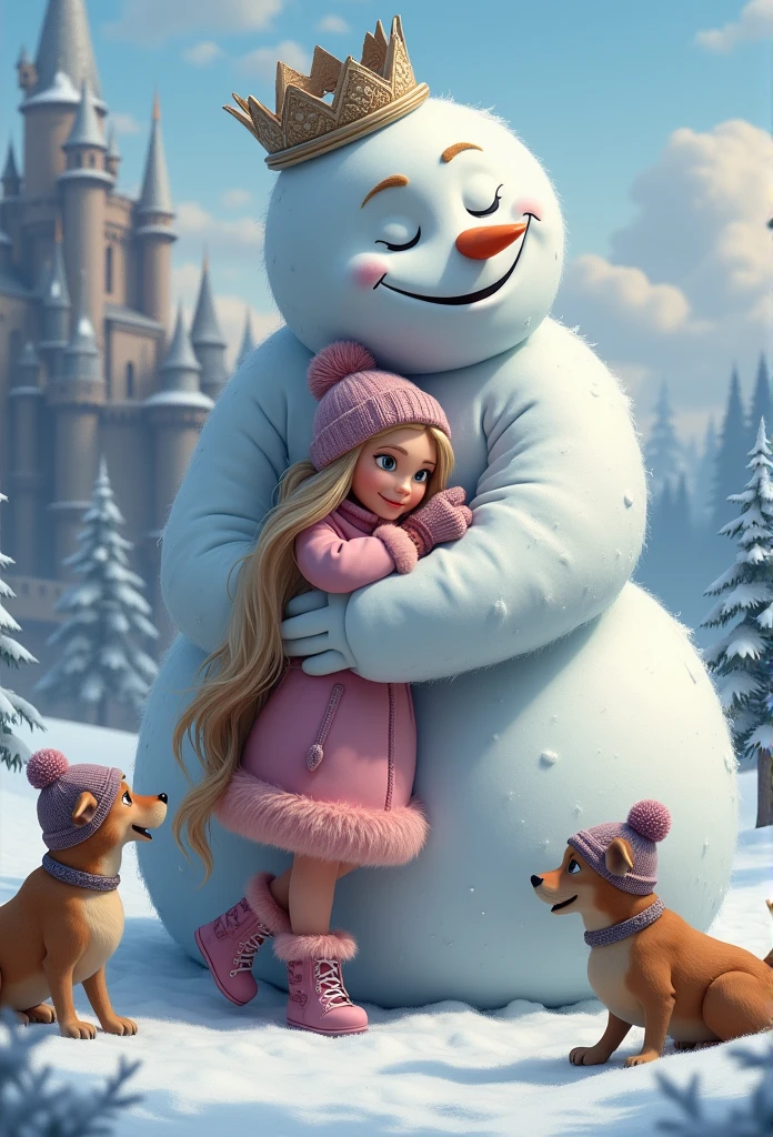  fantasy realism  、   photorealistic、 (Super giant snowman with a gentle face  _crown)、 (1 young princess 、Rapunzel、(  rose pink 、 snowwear with fur     、 is wearing a knitted hat with pompoms 、Mittens、Snow boots)、 super long blonde hair、 slim body 、 beautiful smile♪)、  ( there are dogs wearing knitted hats with pompoms )、Complex Configuration、 high definition 、Castle and coniferous forest background  、  (The snowman is holding her )+++、   warm atmosphere   