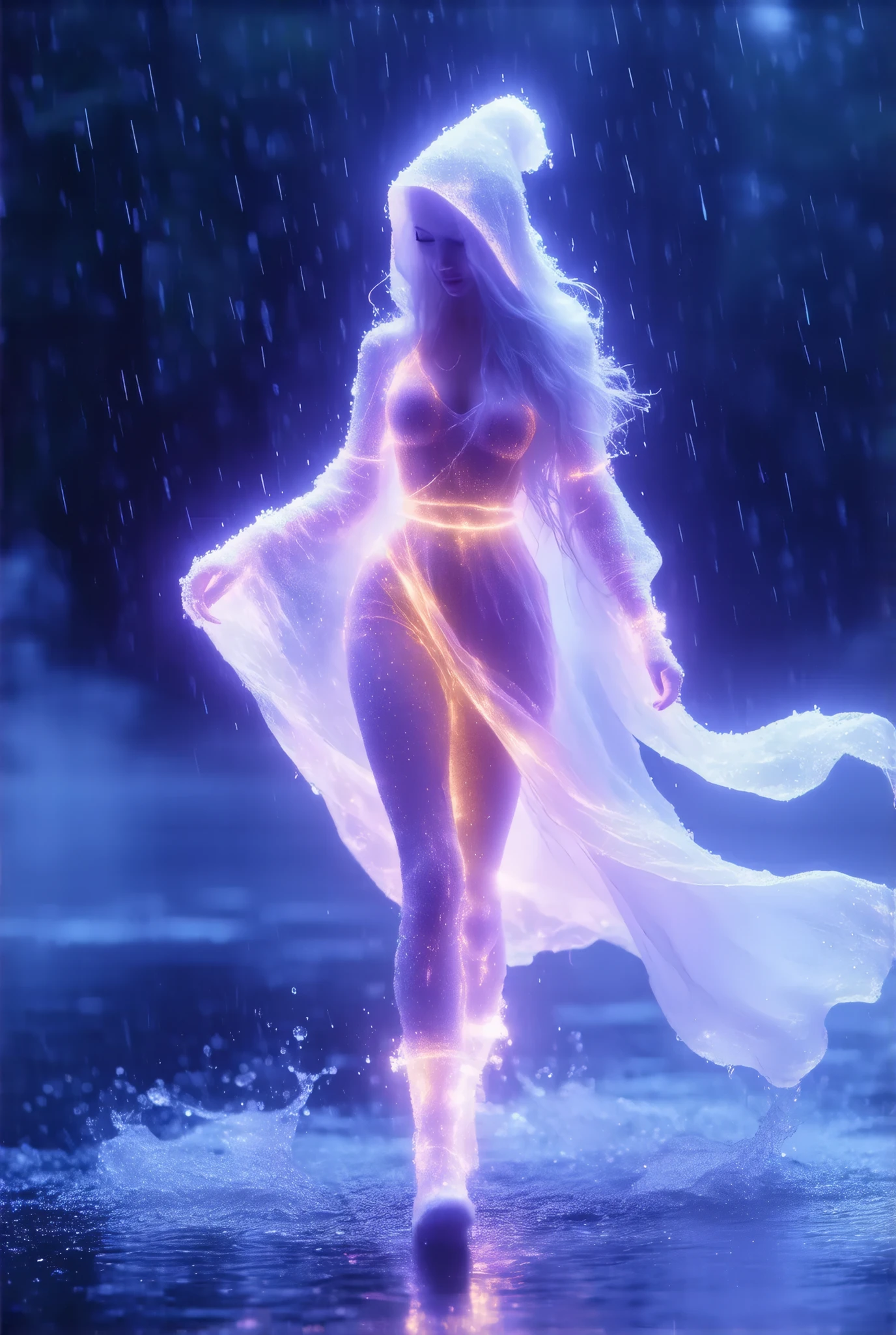 A very violent current plagues the staff. bright lightning beams flash through the sky everywhere. There is also a violent wind and the water is everywhere at and height of one meter. One hundred naked women with exceptionally long hair and huge breasts playing outside. super detailed photography, Play of light in the sun rain, downpour, ((a drop of water falling from a height onto the surface of the water)), splashes, luminism, intricate, 4k concept art volumetric light, unrealistic engine, global illumination, detailed environment. And suddenly everything froze due to a cold winter wave of -50°C