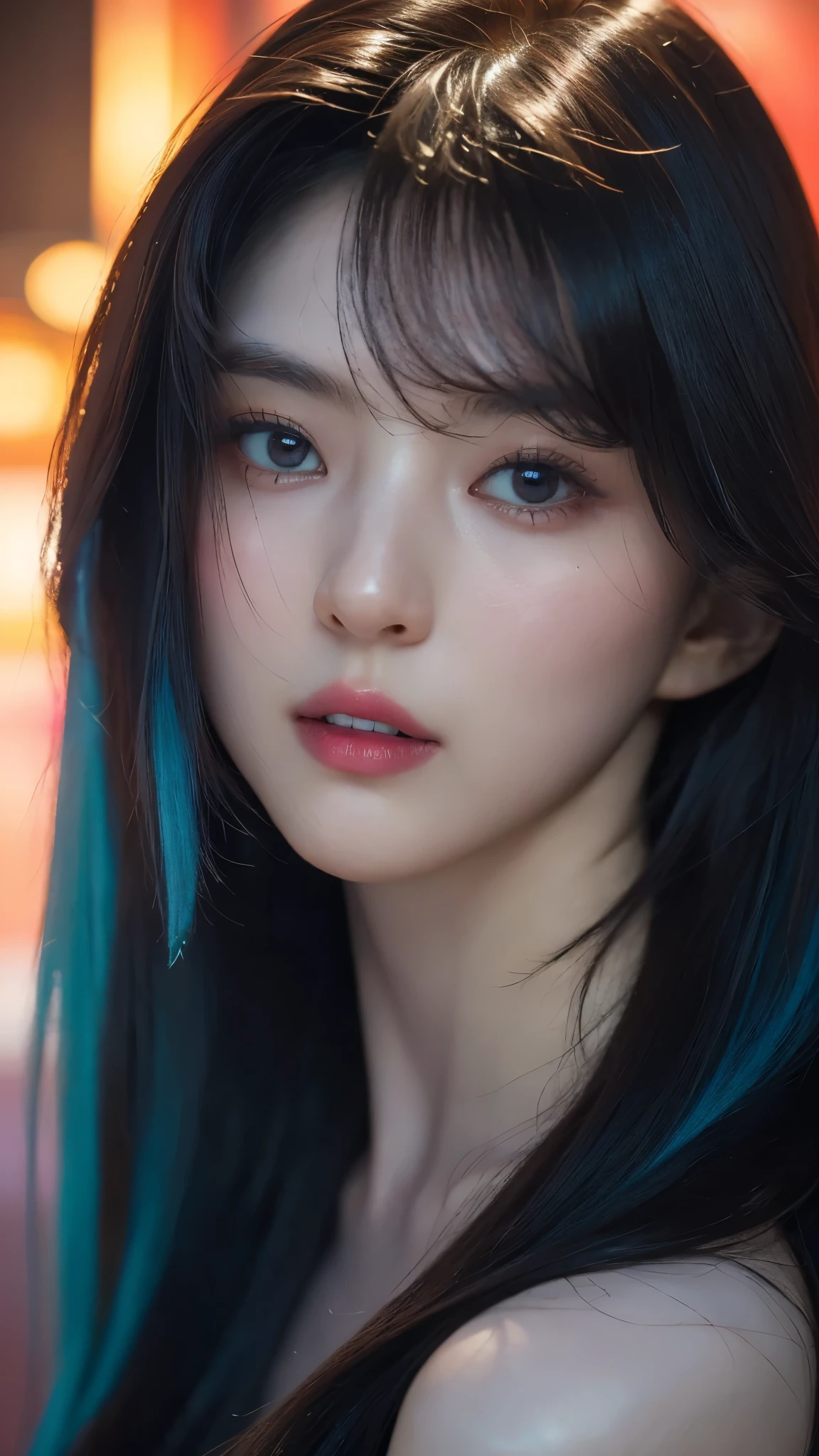 (masterpiece, highest quality, highest quality, Official Art, beautifully, aesthetic:1.2), Portrait Photography, (Cyberpunk beautiful girl 1 person), Big iridescent eyes, Beautiful skin, (Pink and blue long hair with bangs), Very detailed, (Neon colored fractal art:1.3), Perfect lighting, Sharp focus, High resolution, High resolution, High color rendering, High resolution, Super realistic,