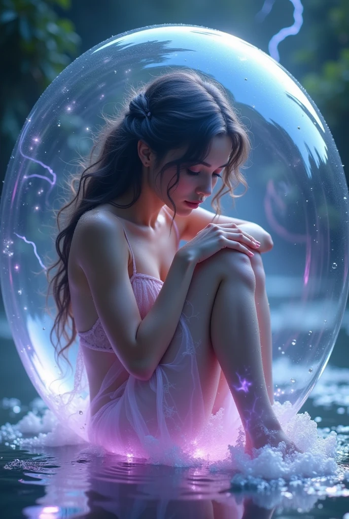 Photorealistic depiction of a serene nymph, delicate skin glistening with dew, curls up inside a luminous, iridescent magical bubble, surrounded by soft shimmering mist, with intricate swirling patterns reflecting on its surface crystal, a holographic girl in a glass ball, sea goddess, lightning, thunder, whirlwind,perfect beauty,glowing purple eyes, transparent suit, sexy,reflection,mirror,shadow,