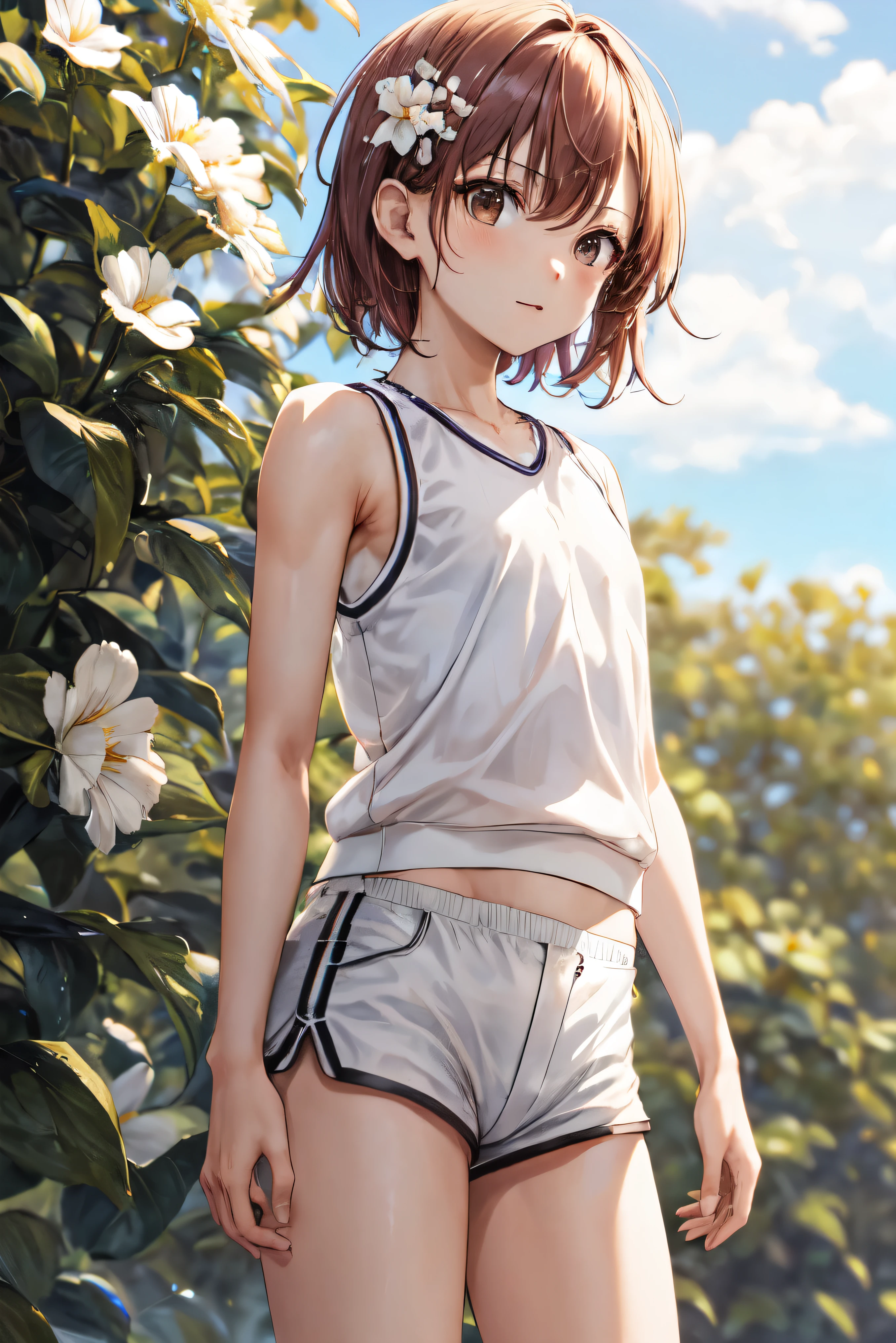 masterpiece,  best quality,  high definition , About love,  short hair,  hair flower,  gym uniform pretending , Bare shoulders,  sleeveless shirt,  white shirt,  Short Shorts ,  White Shorts ,  standing,  cowboy shooting alone, Outdoor