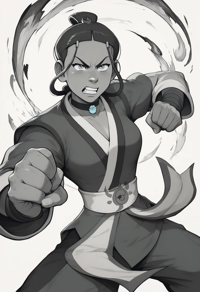 Katara waterbending, action pose, expressive fierce eyes, angry expression, dynamic movement, kung fu pose, masterpiece,  best quality, amazing art, line art, high resolution, perfect hands, perfect face, detailed background