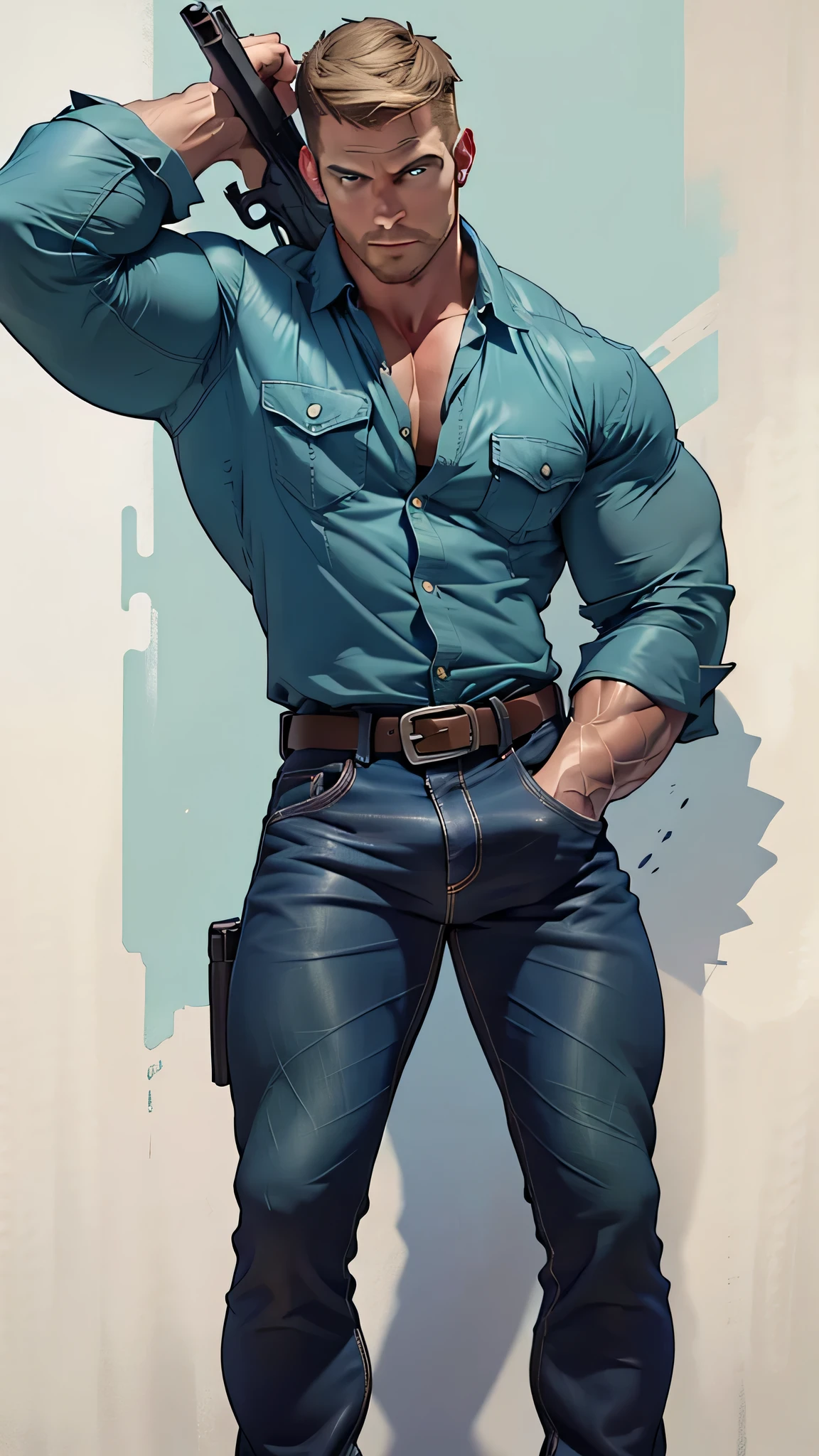 1 man, male focus solo,45 yo man,Stephen AMELL as private investigator, lean muscle, open blue shirt, marine blue jeans with brown belt ,( big bulge), full body shot, dark blond short hair, well groomed facial hair, holding a gun with one hand, , ultra high quality, masterpiece, ( ever changing background, blue and white and green arabesques lines in the blackground)