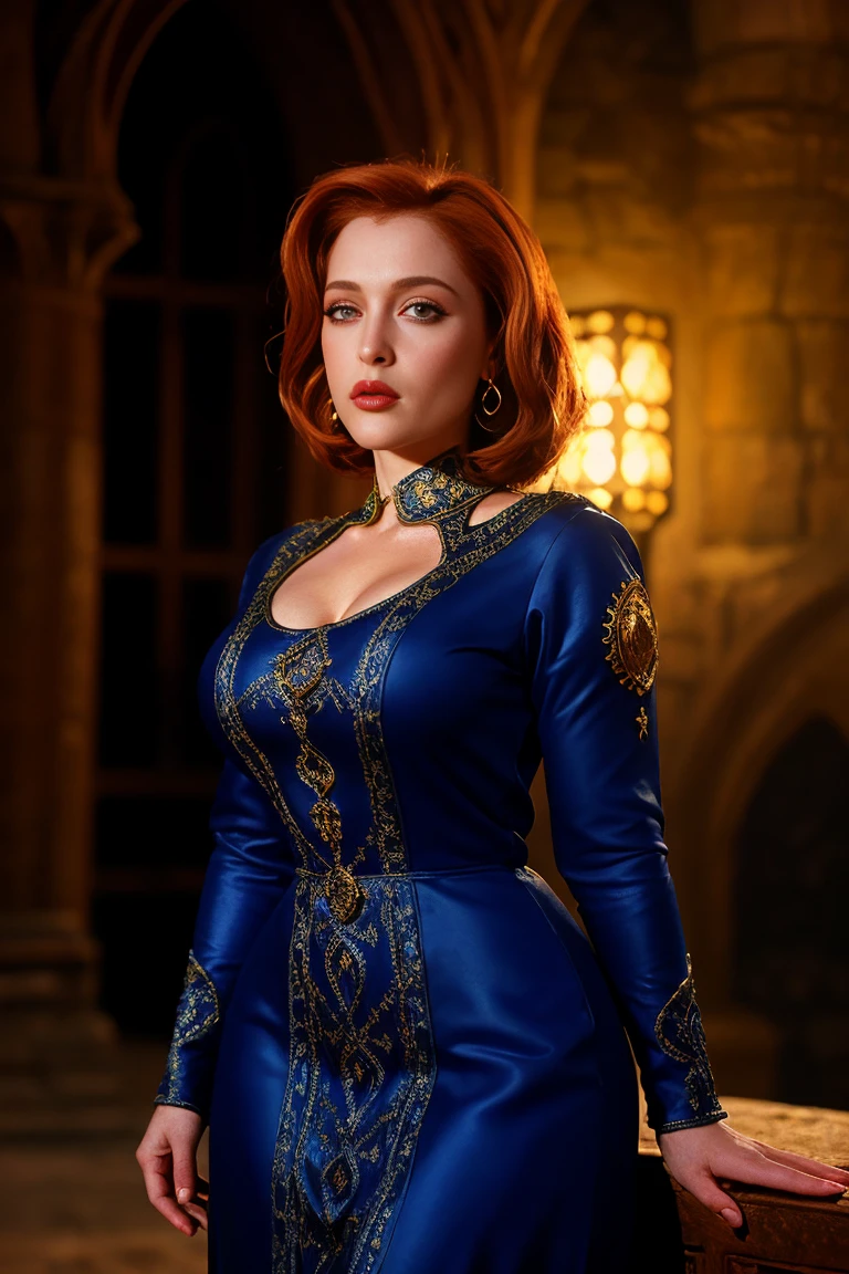 a medieval fantasy portrait of Dana Scully, intricately detailed, hyperdetailed, cinematic, photorealistic, masterpiece, beautiful detailed eyes, beautiful detailed lips, extremely detailed face and features, long eyelashes, curvaceous figure, medieval dress, volumetric lighting, dramatic lighting, vibrant colors, fantasy landscape background, curvaceous body 