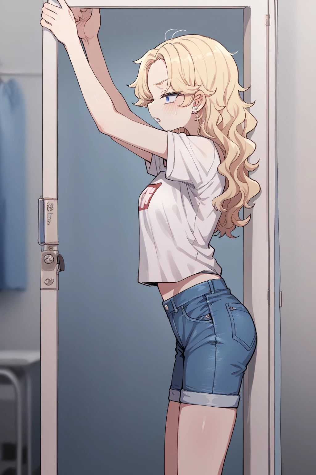 score_9, score_8_up, score_7_up, score_6_up, score_5_up, score_4_up, source_anime, BREAK,  young blonde woman, tight white t-shirt stuck to the body, Hot denim pants, mannequin, Sexy woman, tetas grandes, corps parfait, queue de cheval, wavy hair, In a hospital, hospital background


