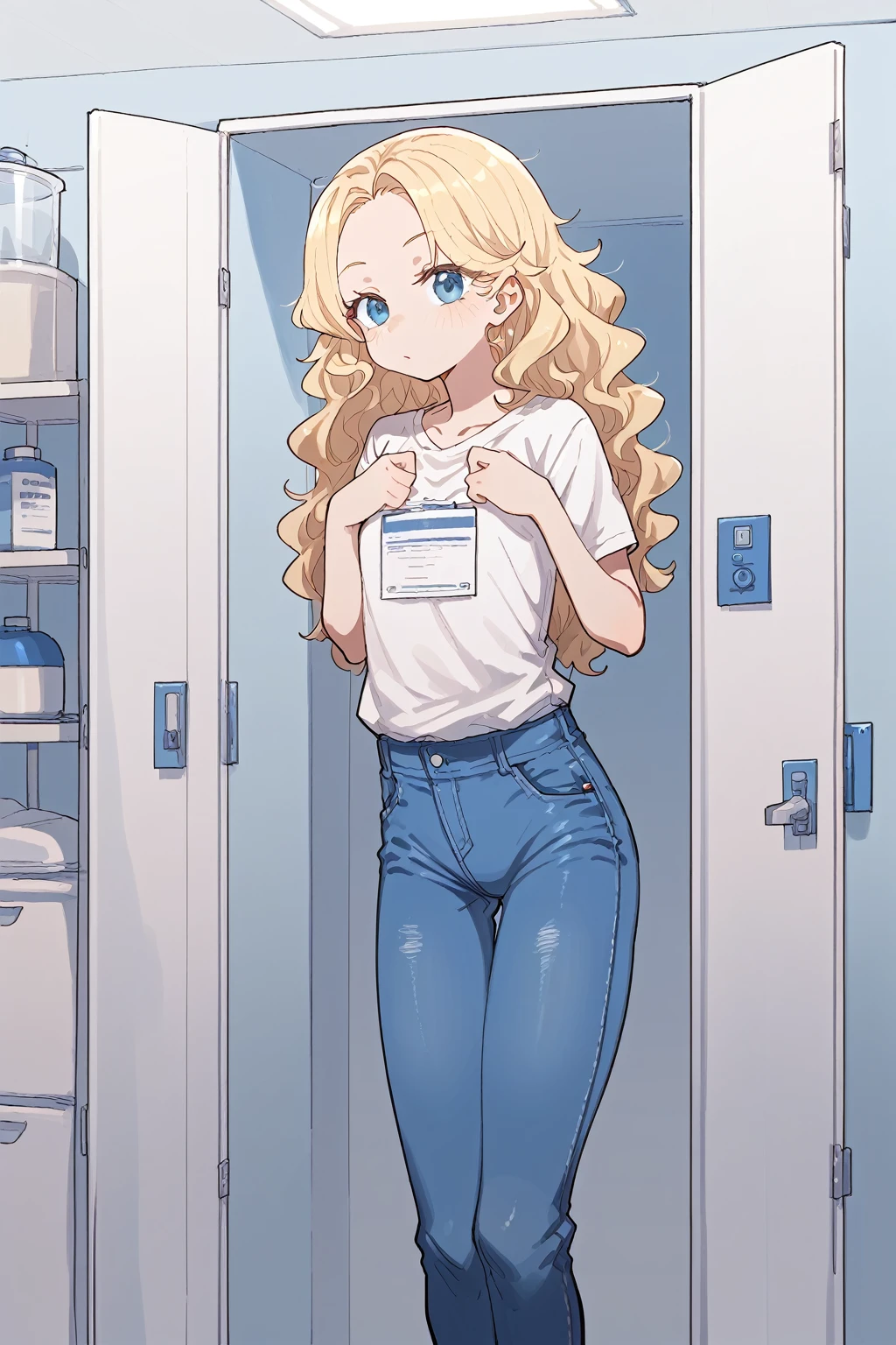 score_9, score_8_up, score_7_up, score_6_up, score_5_up, score_4_up, source_anime, BREAK,  young blonde woman, tight white t-shirt stuck to the body, Hot denim pants, mannequin, Sexy woman, tetas grandes, corps parfait, queue de cheval, wavy hair, In a hospital, hospital background


