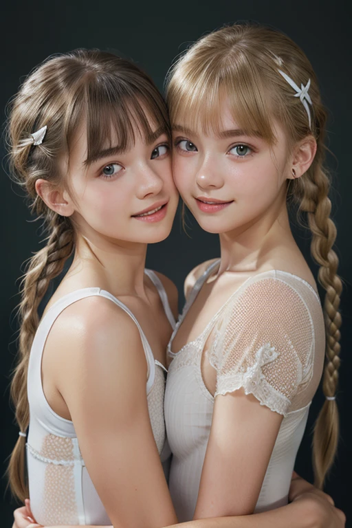 超 high definition ,,  Anatomically Accurate ,  super detailed,  High Quality , 最 High Quality ,   high definition , Best High Quality High Definition Model,  textured skin ,  Very detailed,  、Ukrainian girl 、(white leotard) 、 two girls hug each other、Blonde braids、 twin tails,  bangs between eyes,  eyes sparkle,  seductive smiles from all around,  simple background, hairpin,  background blur , Clear contours、 pretty girl、 white skin、 natural light、Bangs cheek to cheek , 